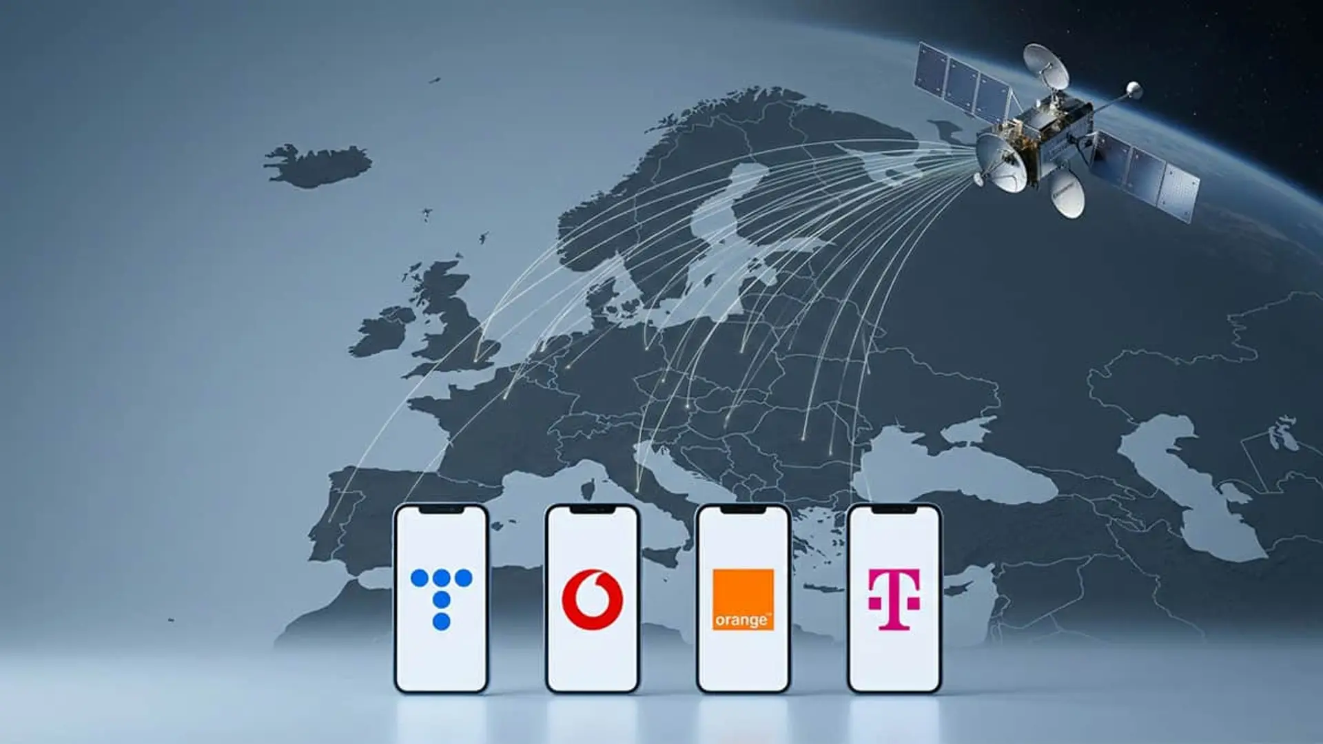 Satélite sobre Europa junto a los logos de Telefónica, Vodafone, Orange y Deutsche Telekom en varios móviles.