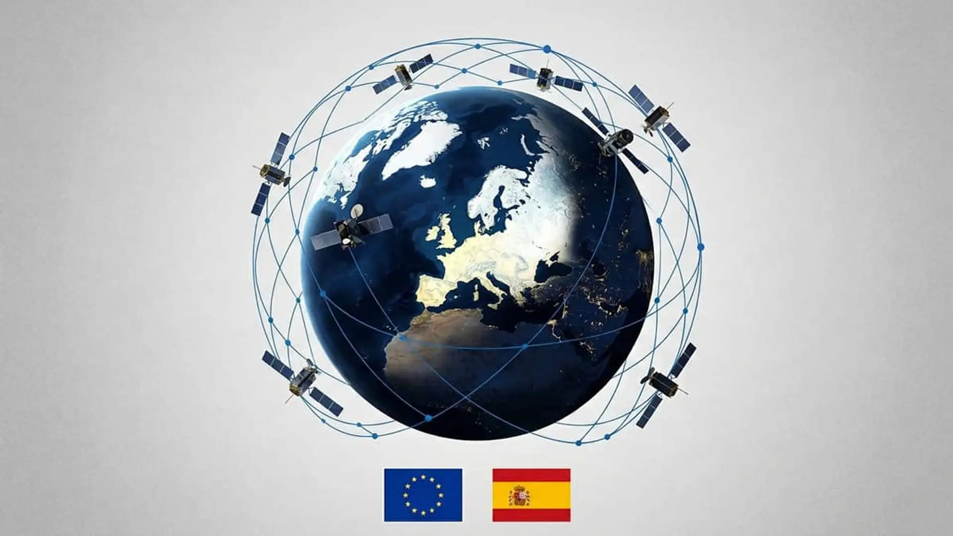 Planeta Tierra rodeado de satélites y conexiones orbitales con las banderas de la Unión Europea y España