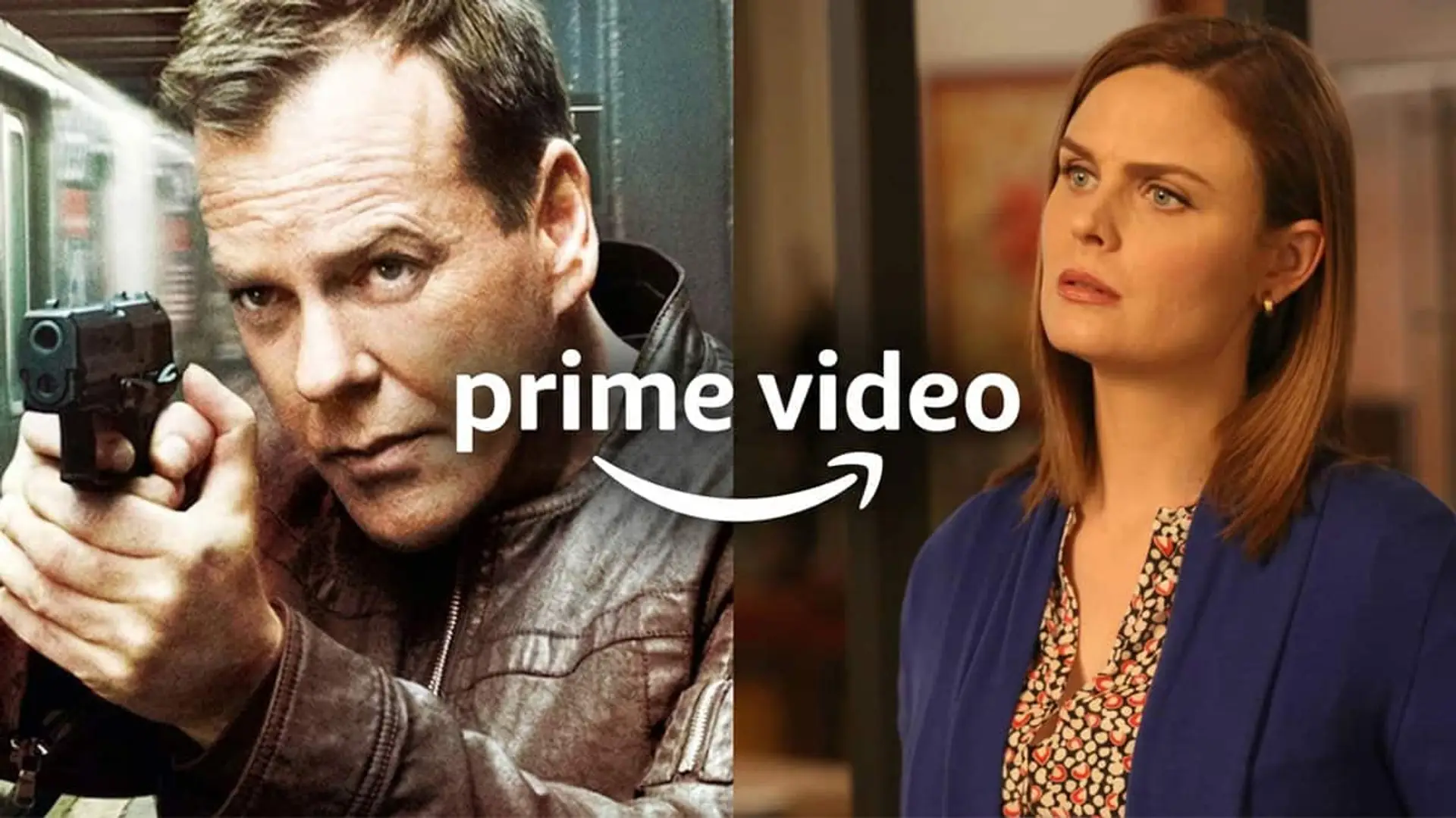 Los protagonistas de 24 y Bones en una imagen a pantalla partida con el logo de Prime Video en el centro