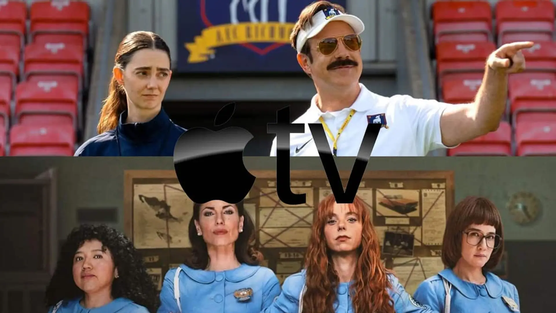 Montaje de las series Ted Lasso y Las Azules con el logotipo de Apple TV en el centro