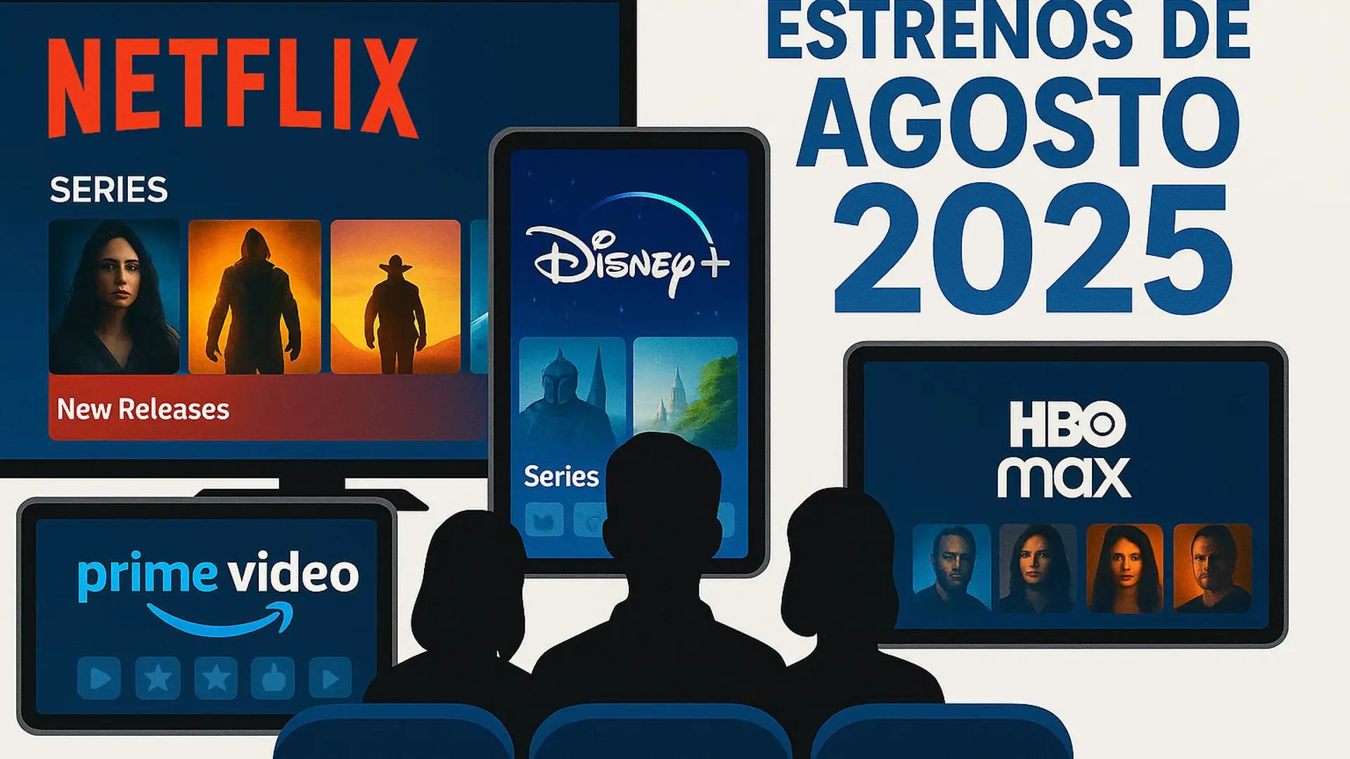 Series que llegan a Netflix, HBO, Prime y Disney+ en agosto de 2025 Infografía de los estrenos de agosto 2025 en Netflix, Disney+, HBO Max y Prime Video, con las novedades en series.