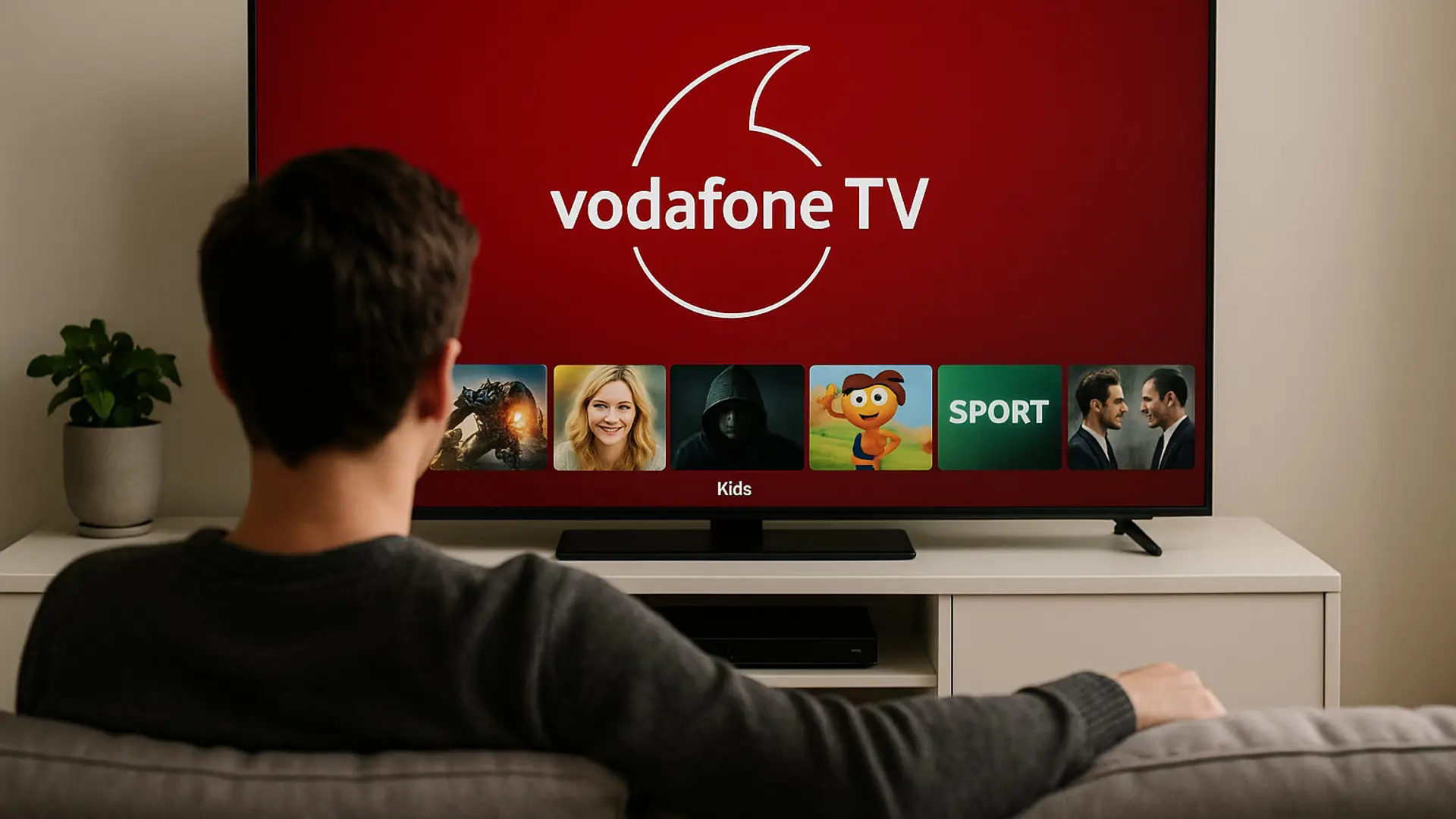 Hombre viendo la interfaz de Vodafone TV en su Smart TV, con el menú de series, deporte y contenido infantil.
