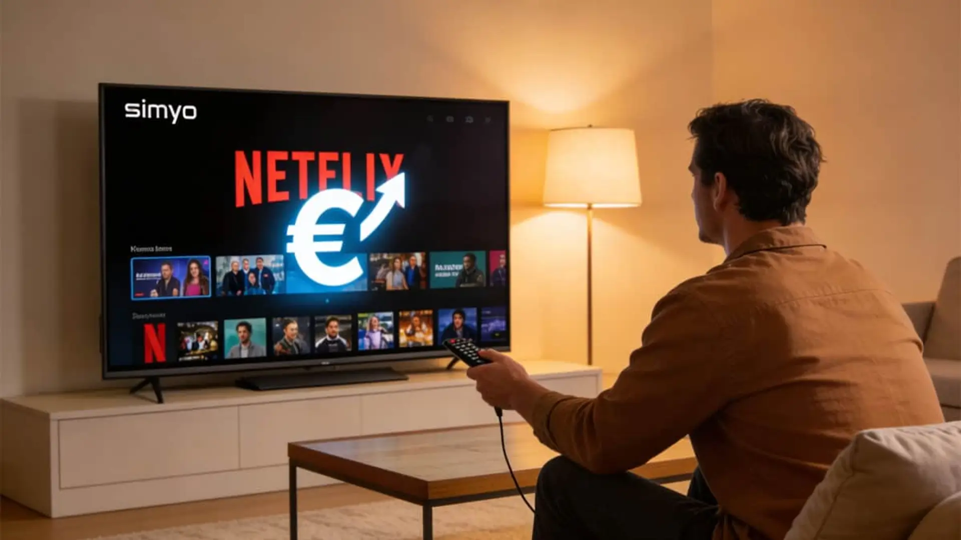 Subida de precios de Netflix en Simyo: hombre con mando ante la televisión e icono de euro al alza.