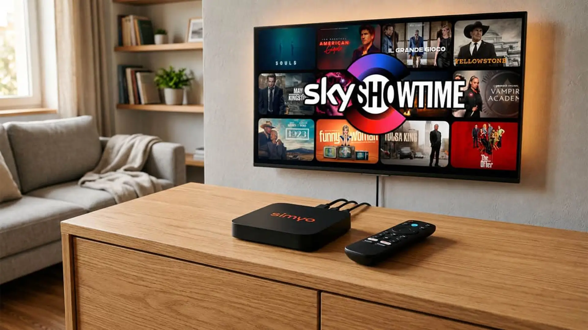 El decodificador 4K de SimyoTV ya está aquí con los mismos canales y SkyShowtime: cuesta solo 2 euros más al mes SkyShowtime en televisión con decodificador simyo y mando a distancia en un salón moderno