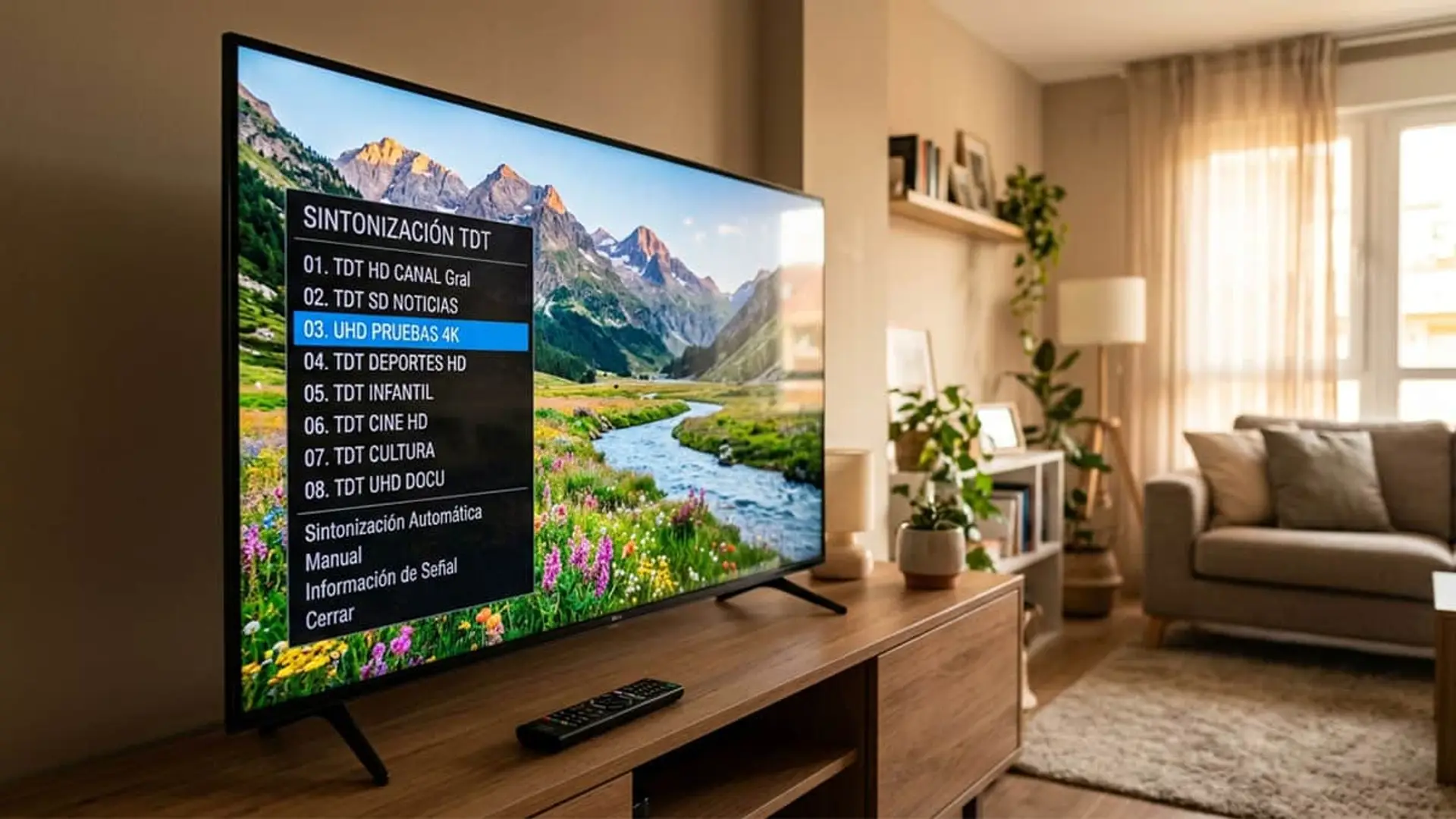 El 5 de noviembre tendrás que resintonizar la tele: así afecta el salto de la TDT a la UHD Televisor 4K con menú de sintonización TDT UHD en un salón moderno.