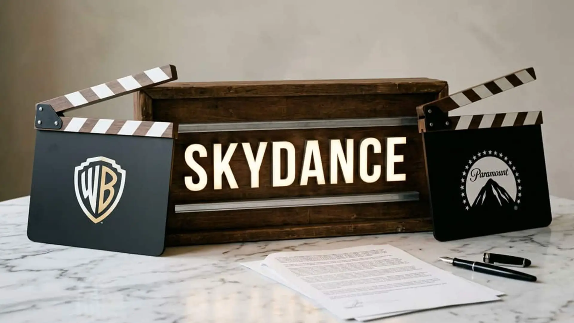 Cartel de Skydance entre dos claquetas de cine con los logotipos de Warner Bros. y Paramount