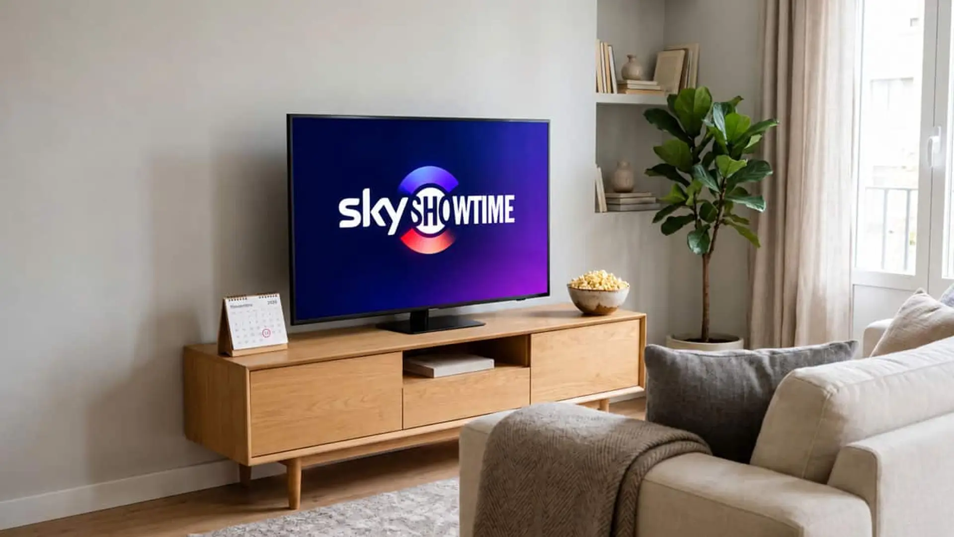 Televisor con el logotipo de SkyShowtime en pantalla, situado en un salón moderno con sofá, plantas y decoración escandinava.