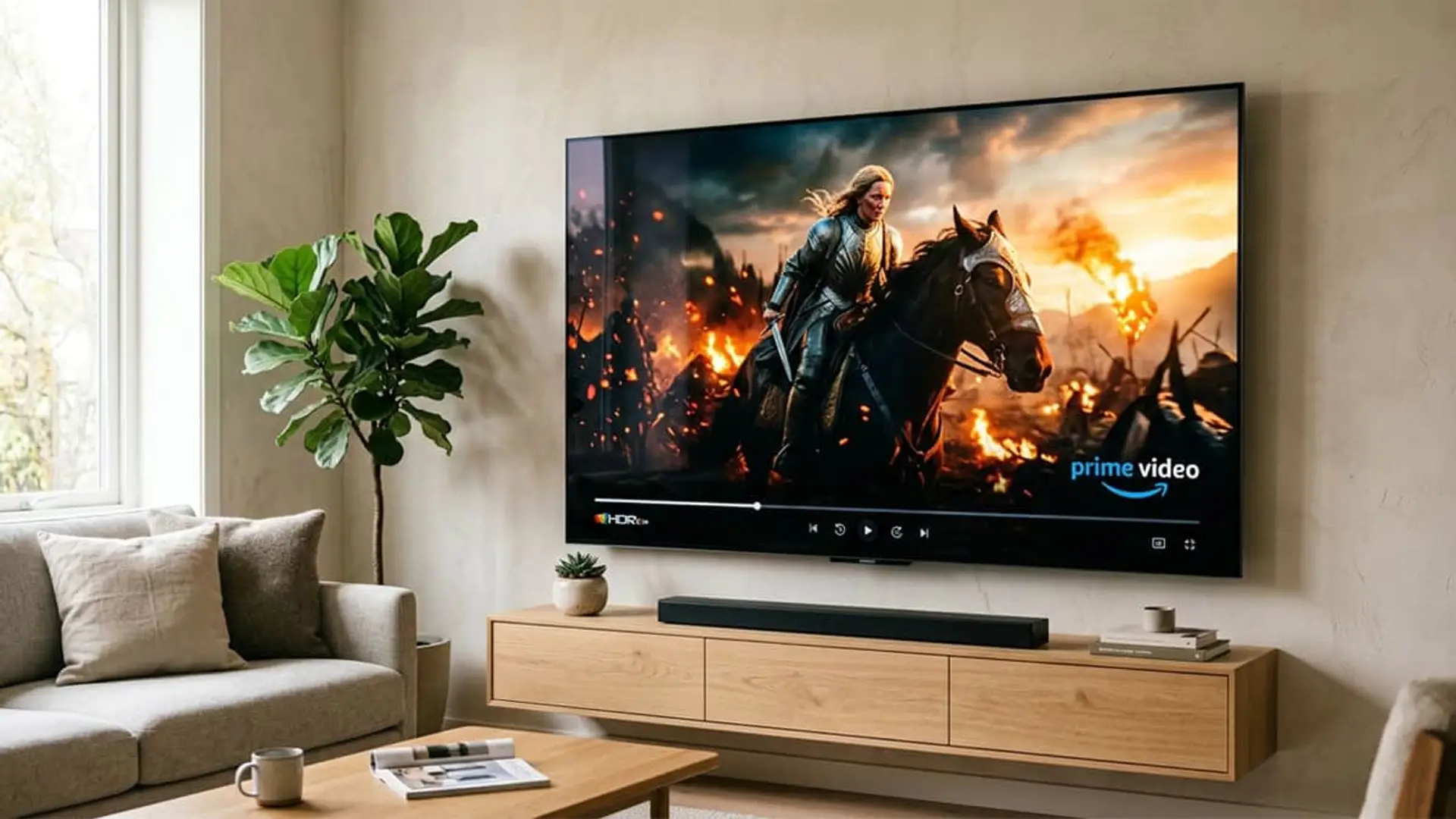 HDR10+ Advanced trae dos funciones nuevas a Prime Video: más brillo real y movimiento más fluido Salón moderno con Smart TV mostrando contenido de Prime Video y barra de sonido.