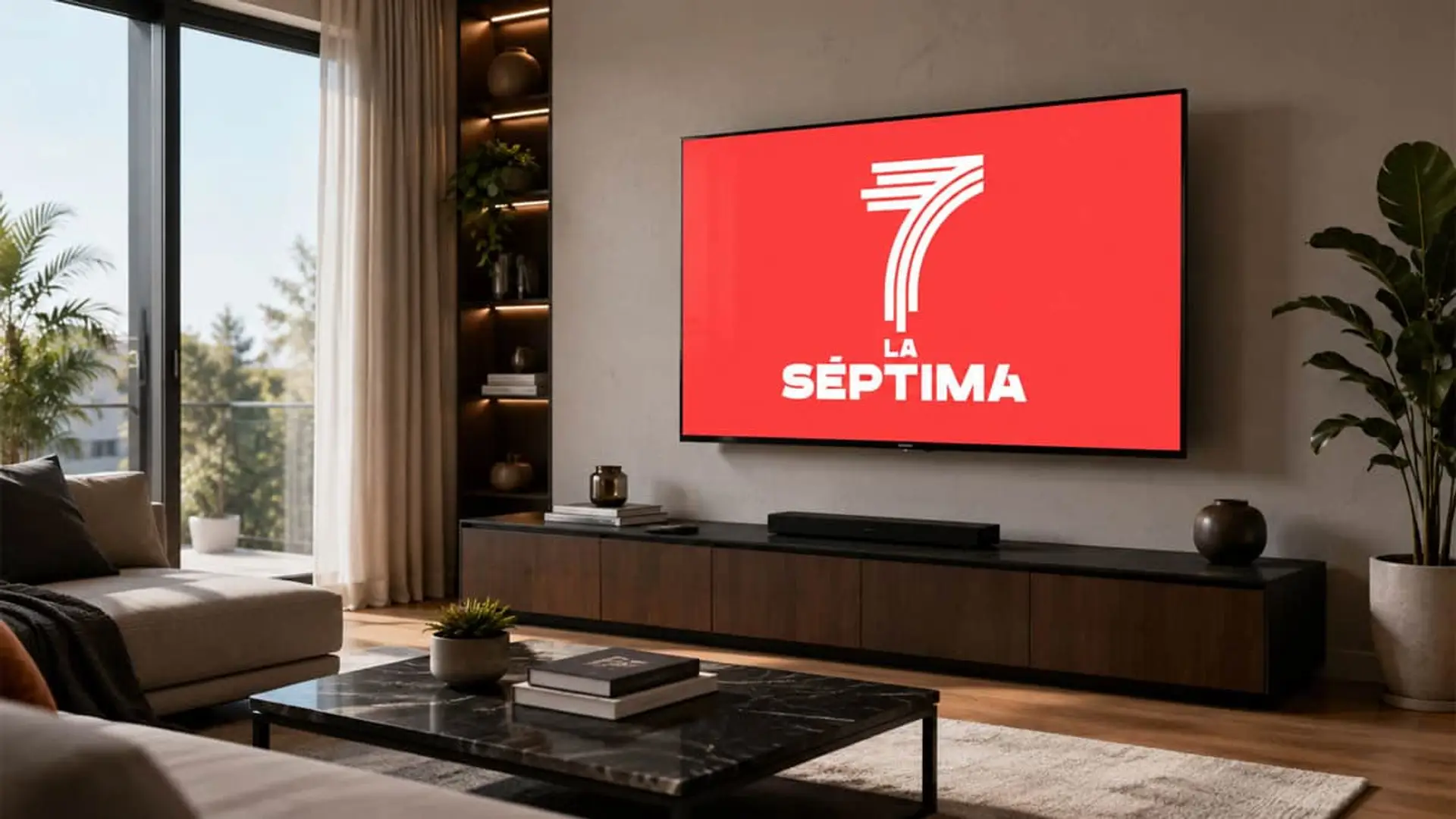La Séptima confirma su fecha de lanzamiento: el nuevo canal de TDT que reta a Cuatro y La Sexta Smart TV en sala moderna mostrando el logo de La Séptima sobre pantalla roja