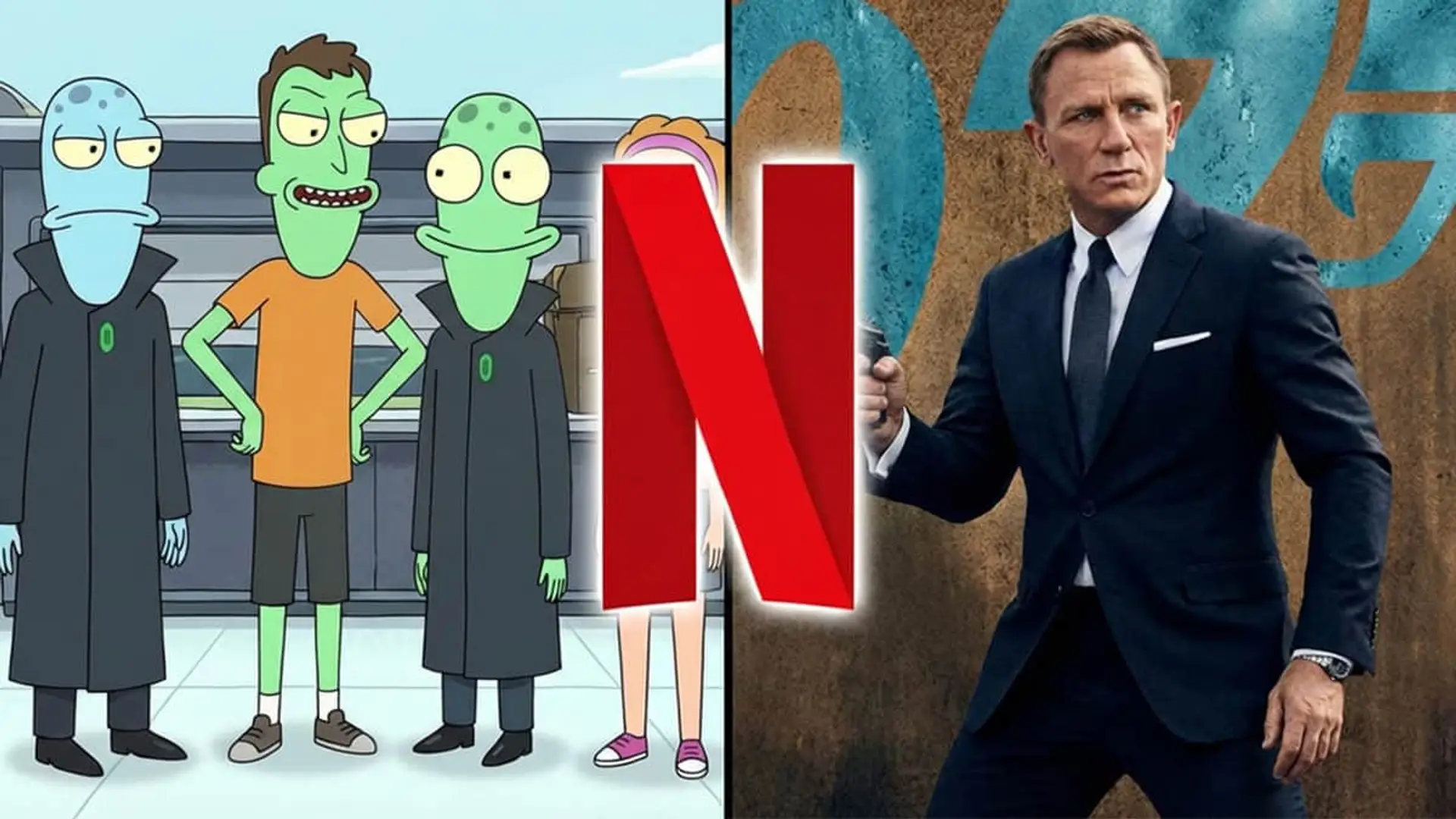 Netflix se hace invencible: así son sus acuerdos con Disney+ y Prime Video para dominar el streaming Logo de Netflix con personajes de Solar Opposites y Daniel Craig como James Bond.