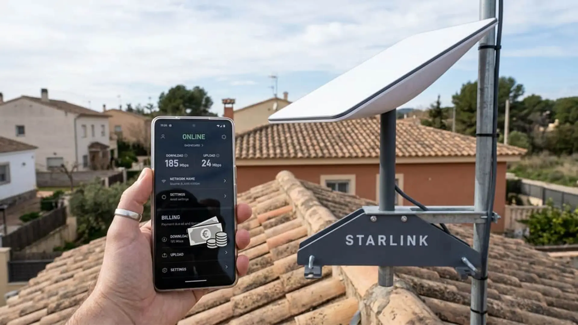 Antena Starlink instalada en una vivienda junto a un móvil con información de conexión y pago