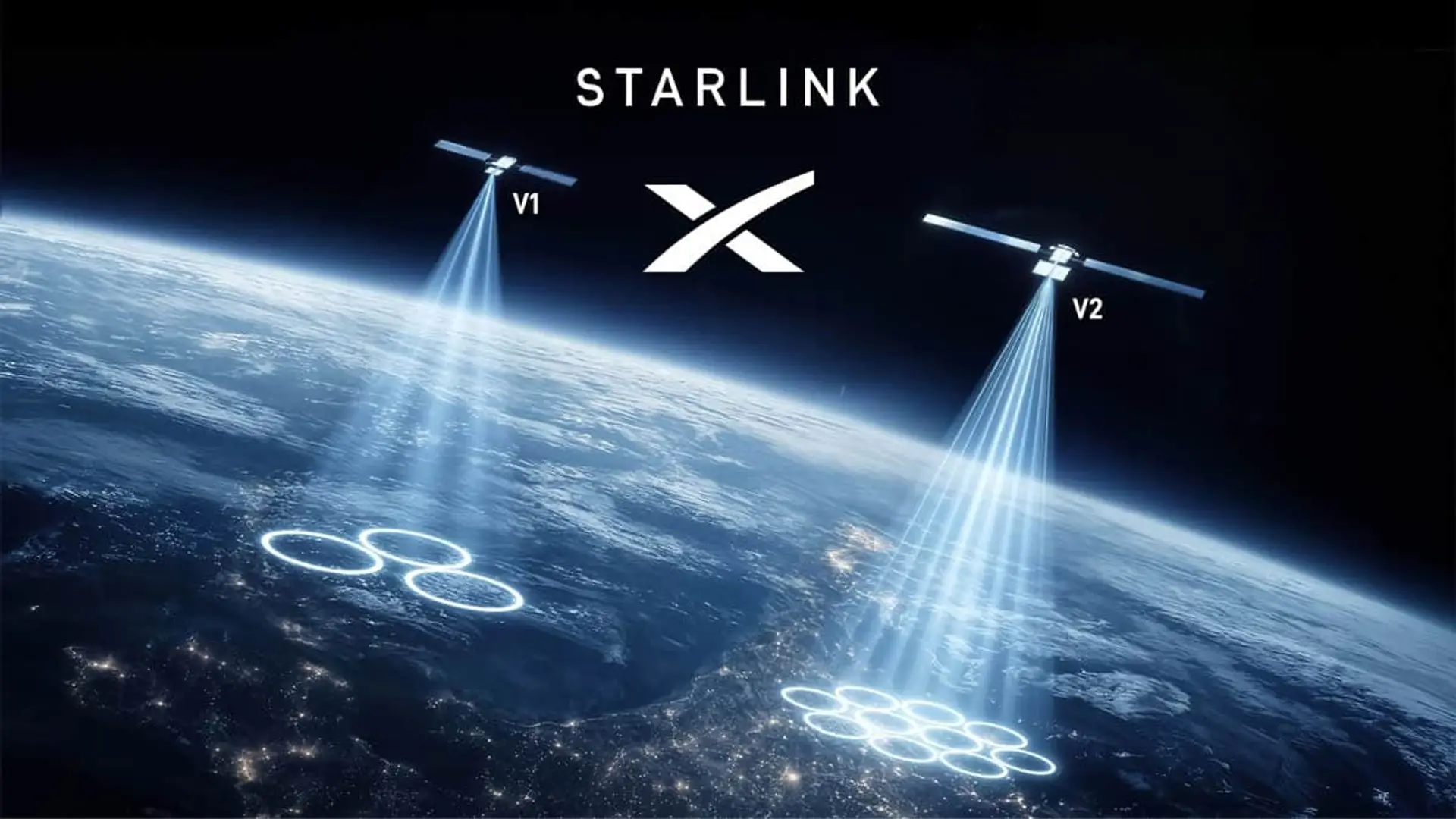 Ilustración de satélites Starlink V1 y V2 orbitando la Tierra para ofrecer conexión a internet satelital de alta velocidad.