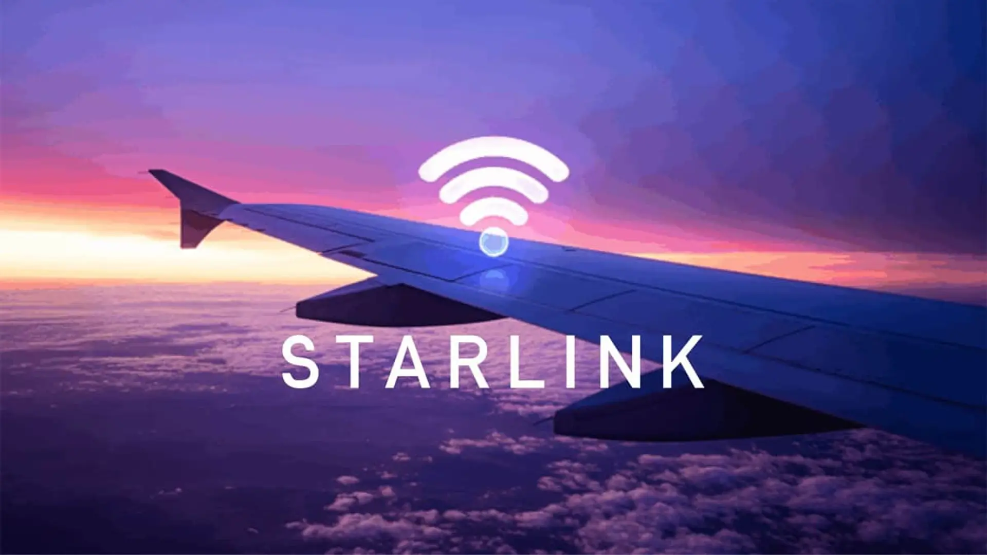 Internet satelital Starlink en aviones: logotipo e icono de Wi-Fi sobre el ala de un avión al atardecer.