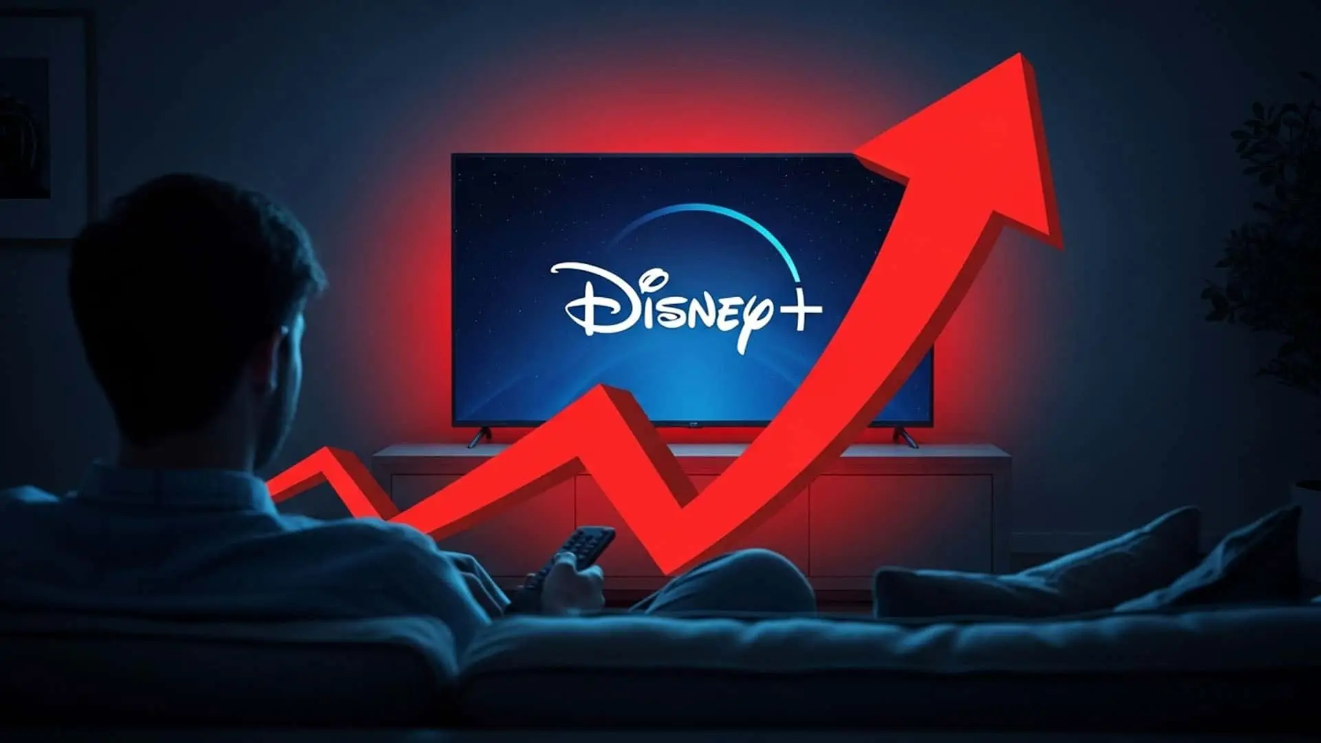 Usuario viendo Disney+ con un gráfico de flecha roja ascendente, simbolizando la subida de precios de la suscripción.