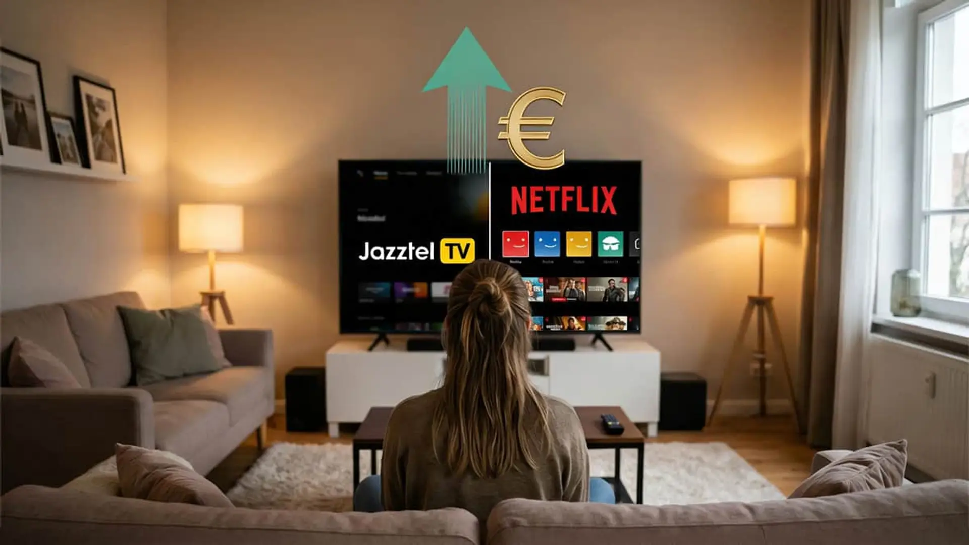 Subida de precios de Netflix en Jazztel TV: mujer ante la televisión con icono de euro y flecha hacia arriba.