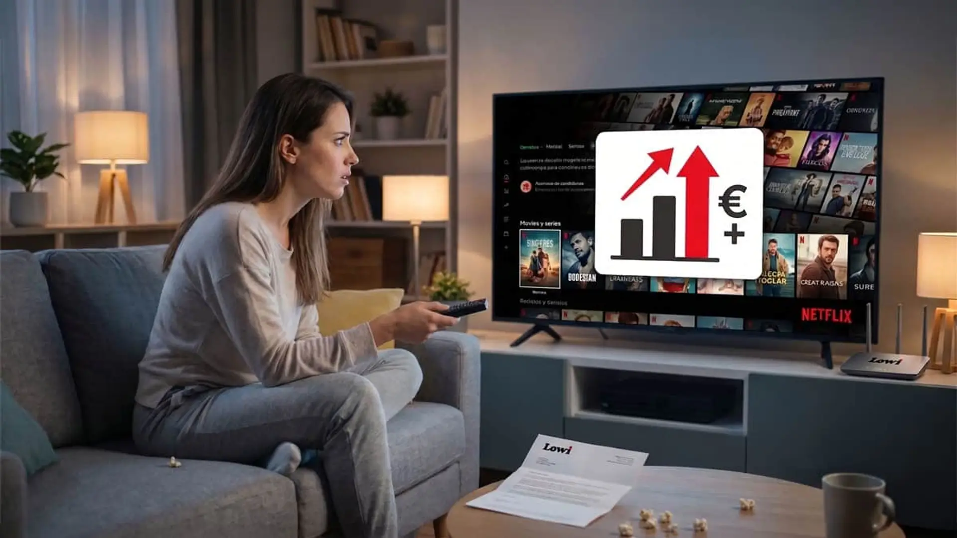 Mujer preocupada ante su Smart TV por la subida de precios de Netflix y el aumento de las tarifas mensuales de Lowi.
