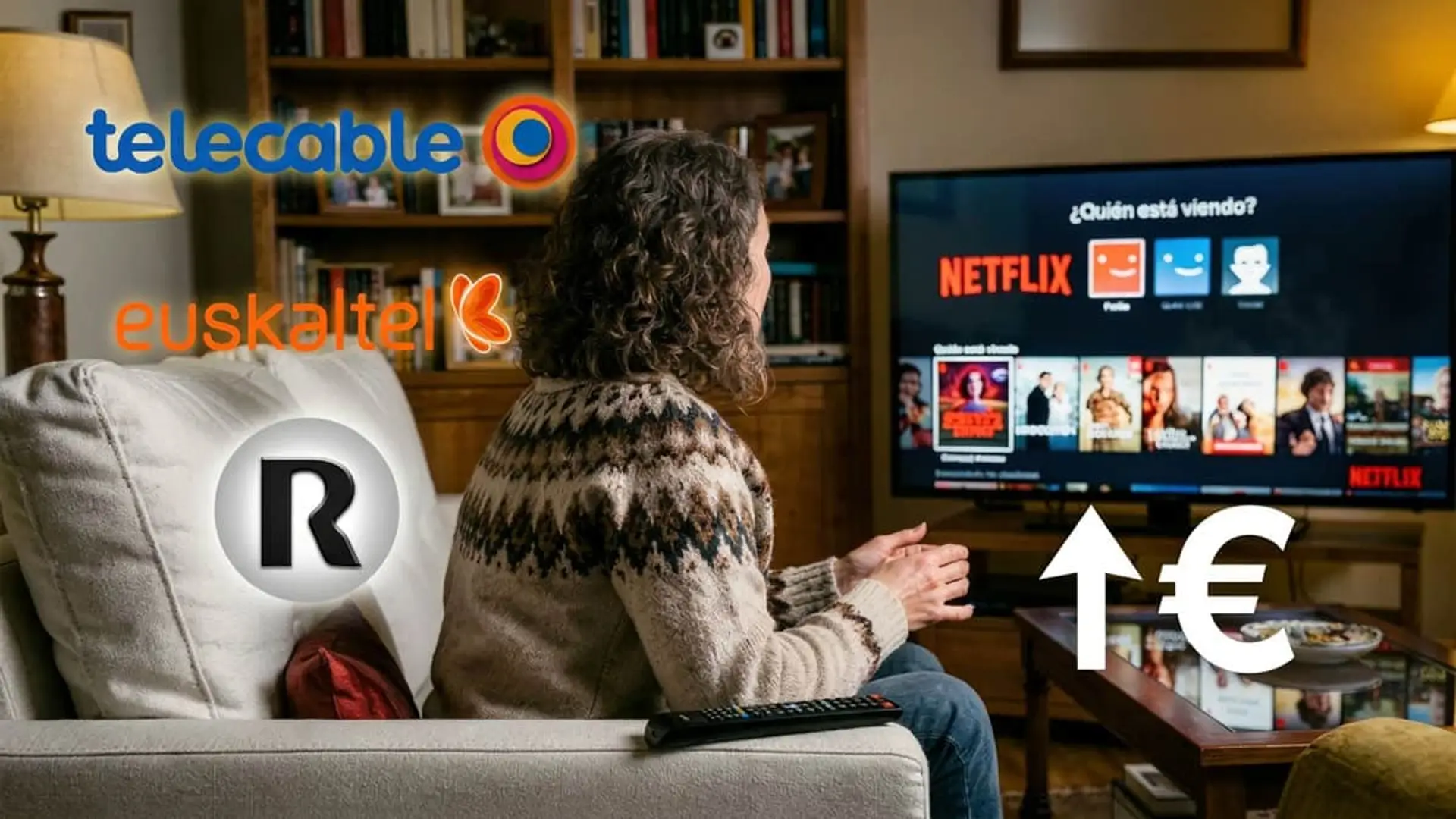 Subida de precios de Netflix en Telecable, Euskaltel y R: mujer ante el televisor con icono de euro al alza.