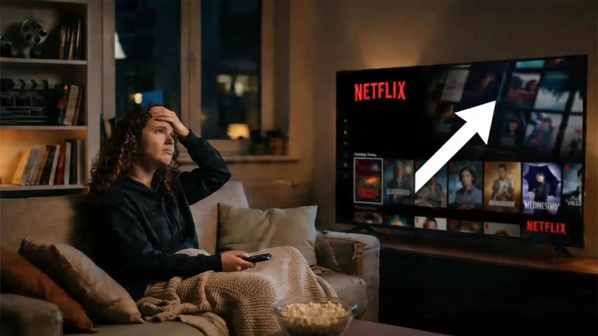 Subida de precios de Netflix: mujer preocupada ante la televisión con una flecha ascendente en el salón.