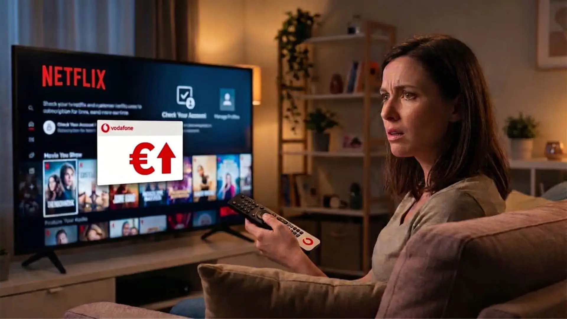 Subida de precios de Netflix en Vodafone TV: mujer preocupada con mando ante la televisión e icono de euro al alza.