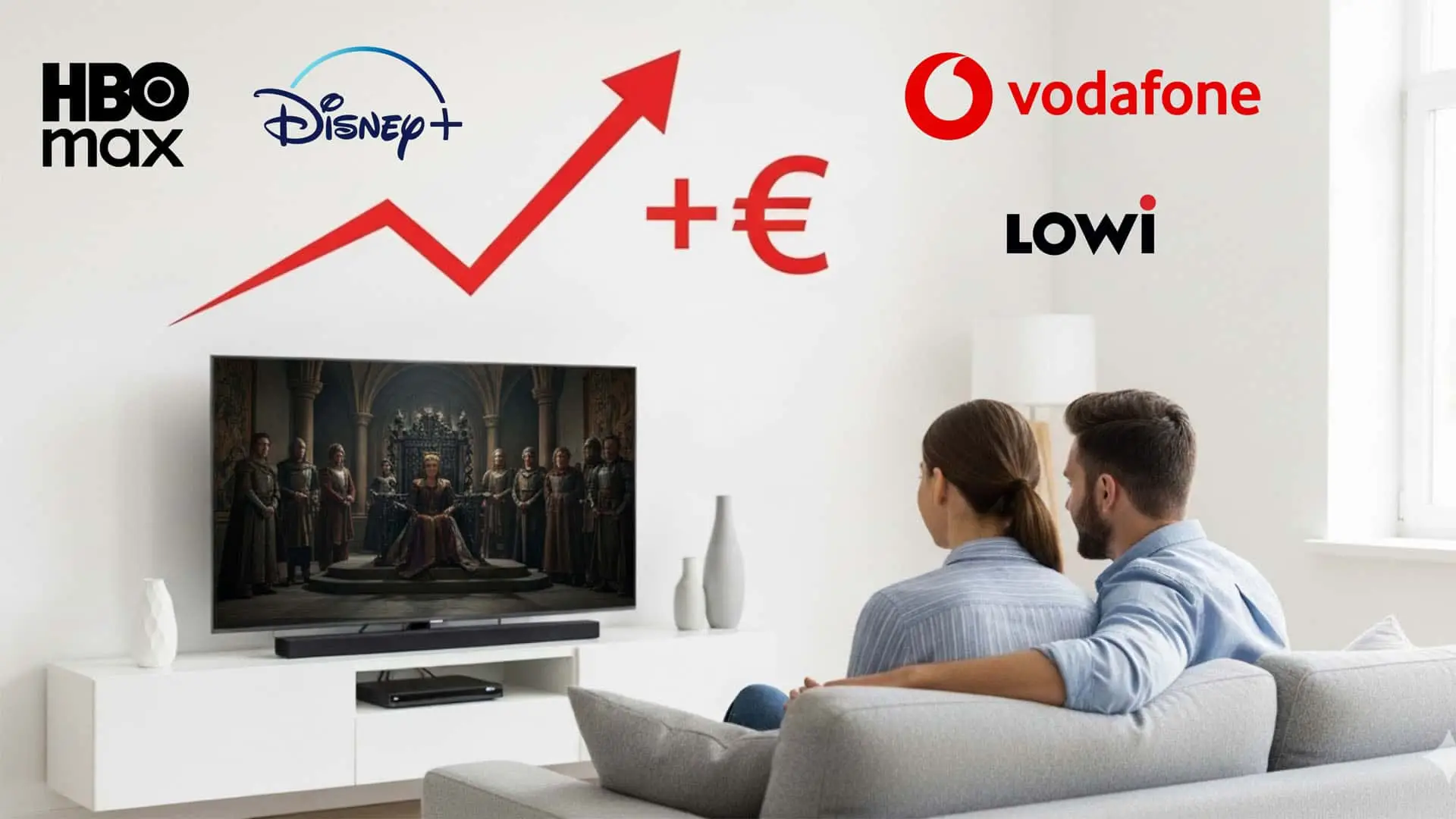 Concepto de la subida de precios de HBO Max y Disney+ en Vodafone y Lowi con una pareja viendo la tele y el aumento del coste.