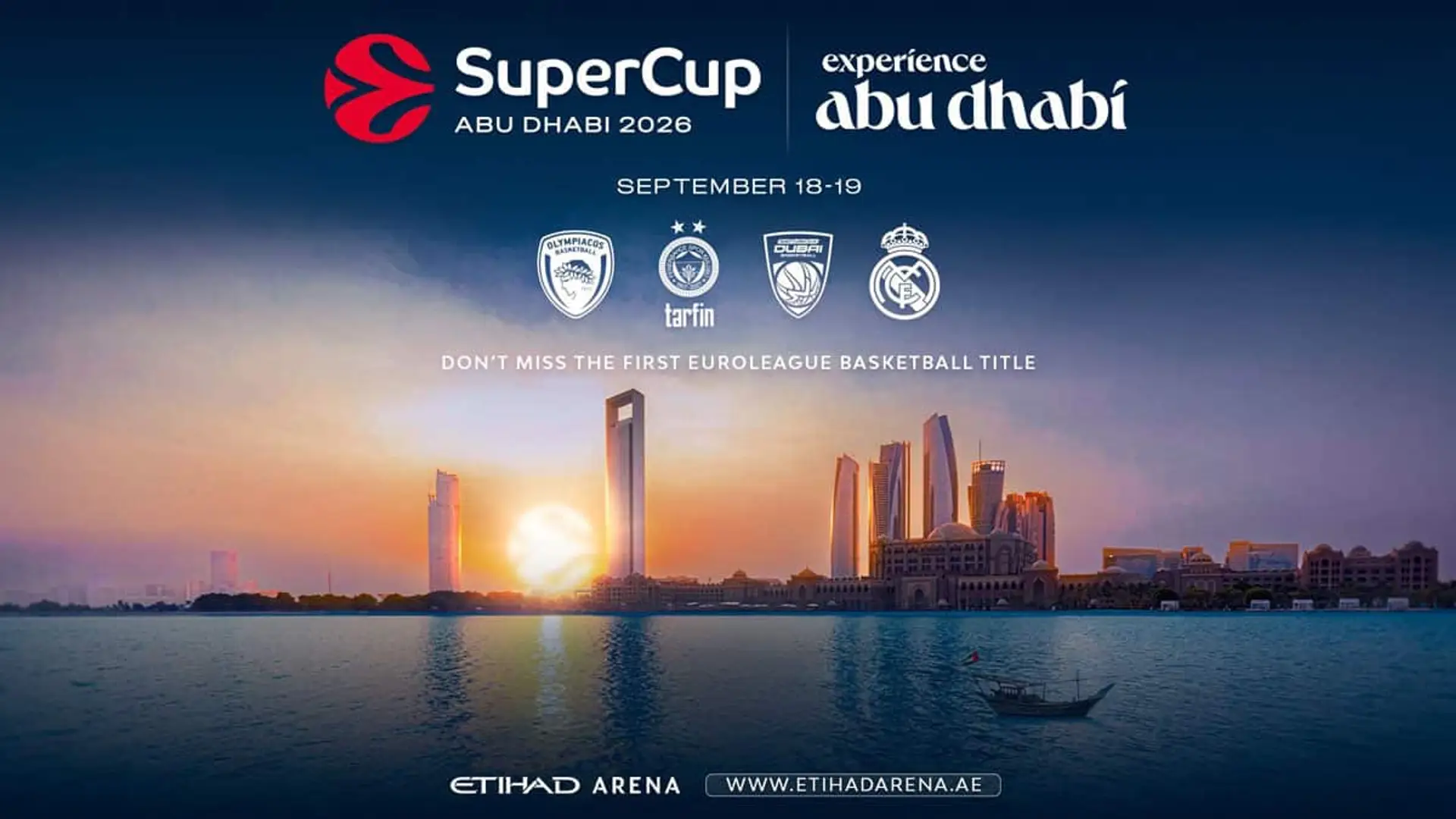 Dónde ver la Supercopa Euroliga: Movistar Plus emite los cuatro partidos Cartel de la SuperCup Abu Dhabi 2026 con los equipos participantes y el skyline de Abu Dabi al atardecer
