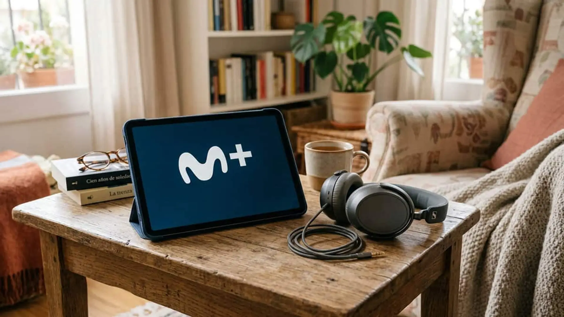 Tablet sobre una mesa en un salón mostrando el logotipo de Movistar Plus+