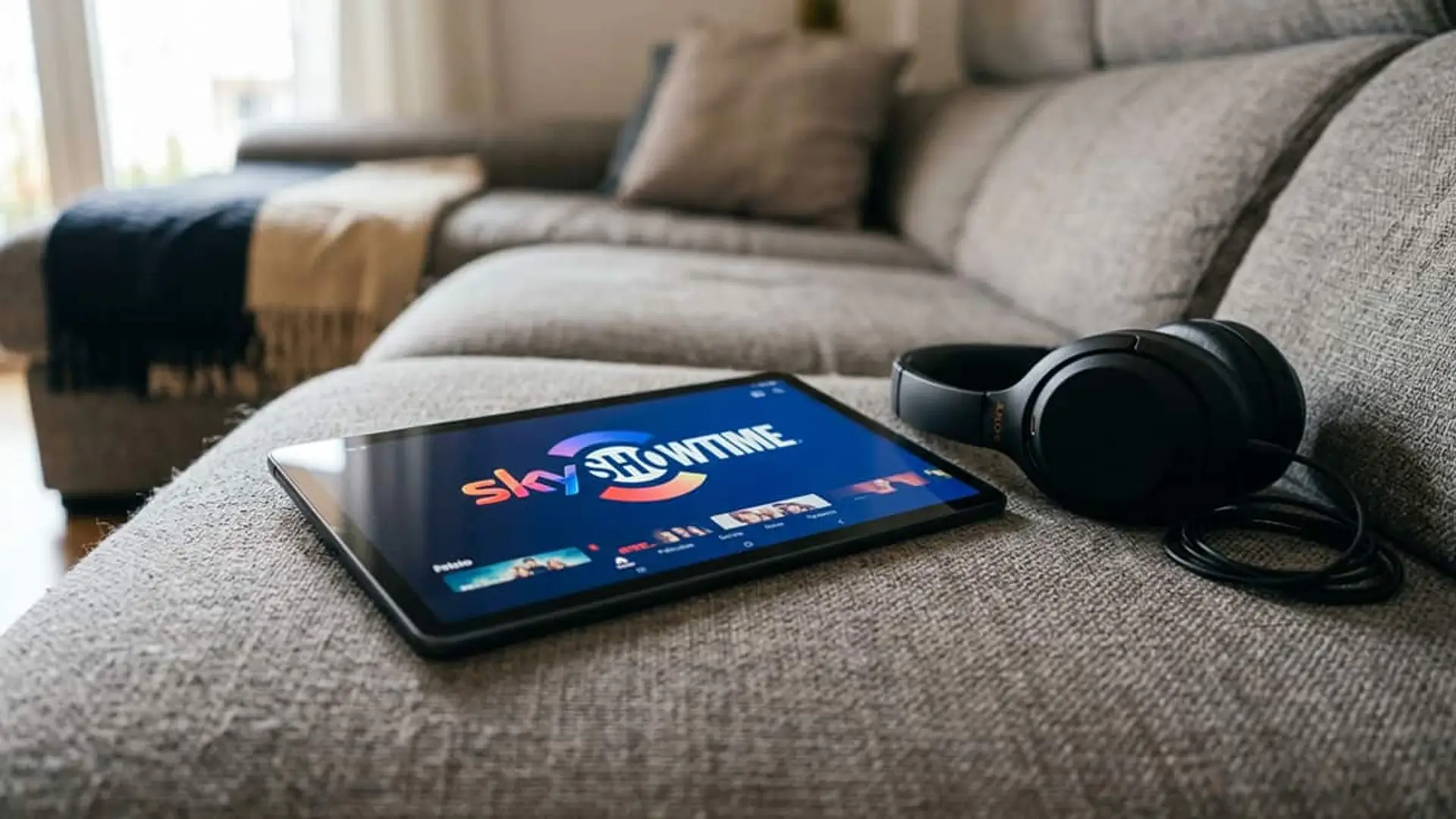 Tablet con la interfaz de SkyShowtime y unos auriculares sobre un sofá
