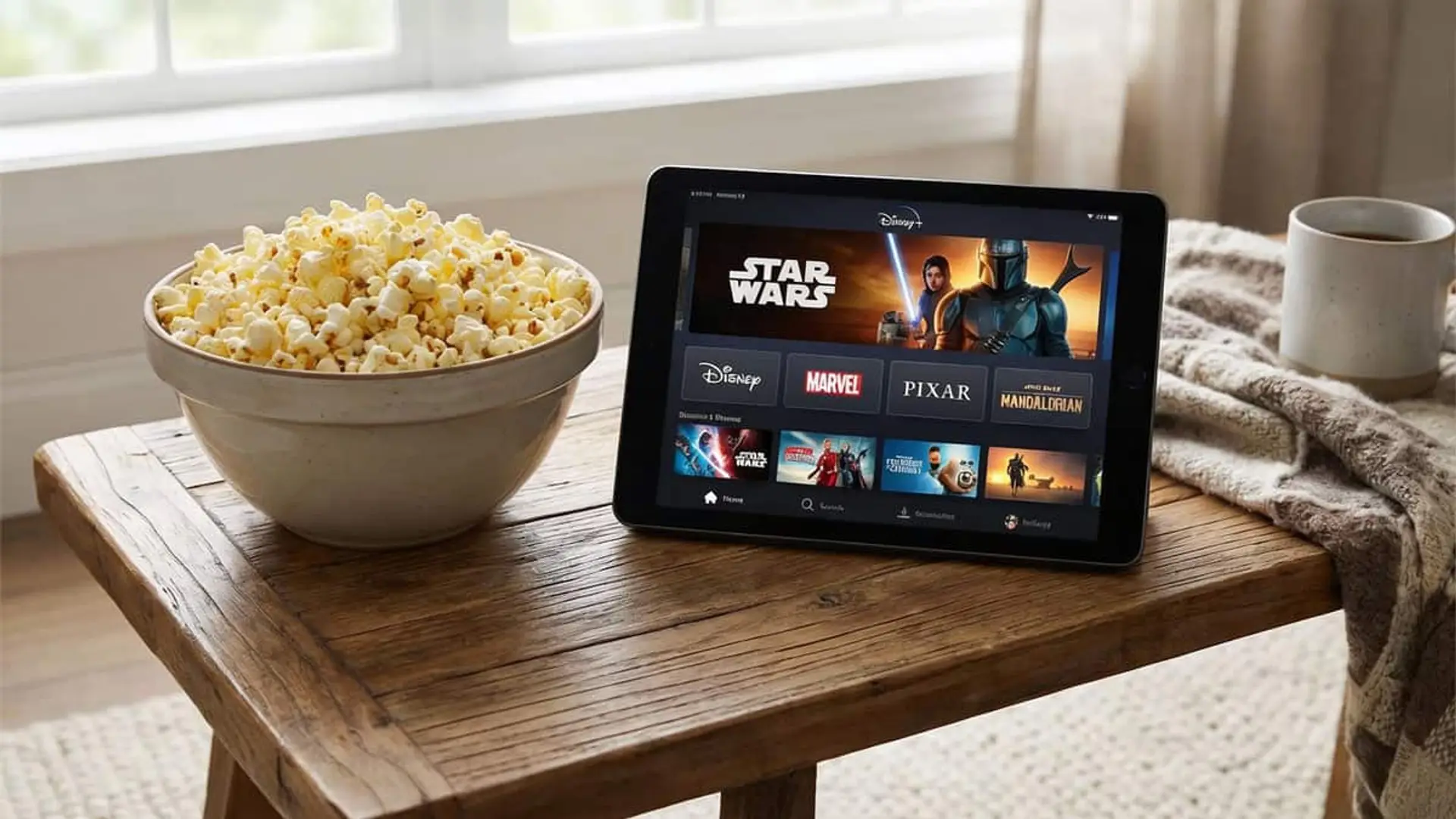 Estrenos de Disney+ en febrero: Paradise, Scrubs y San Valentín marcan las novedades de películas y series Tablet con la plataforma Disney+ abierta sobre una mesa junto a un bol de palomitas, escena de ocio en casa