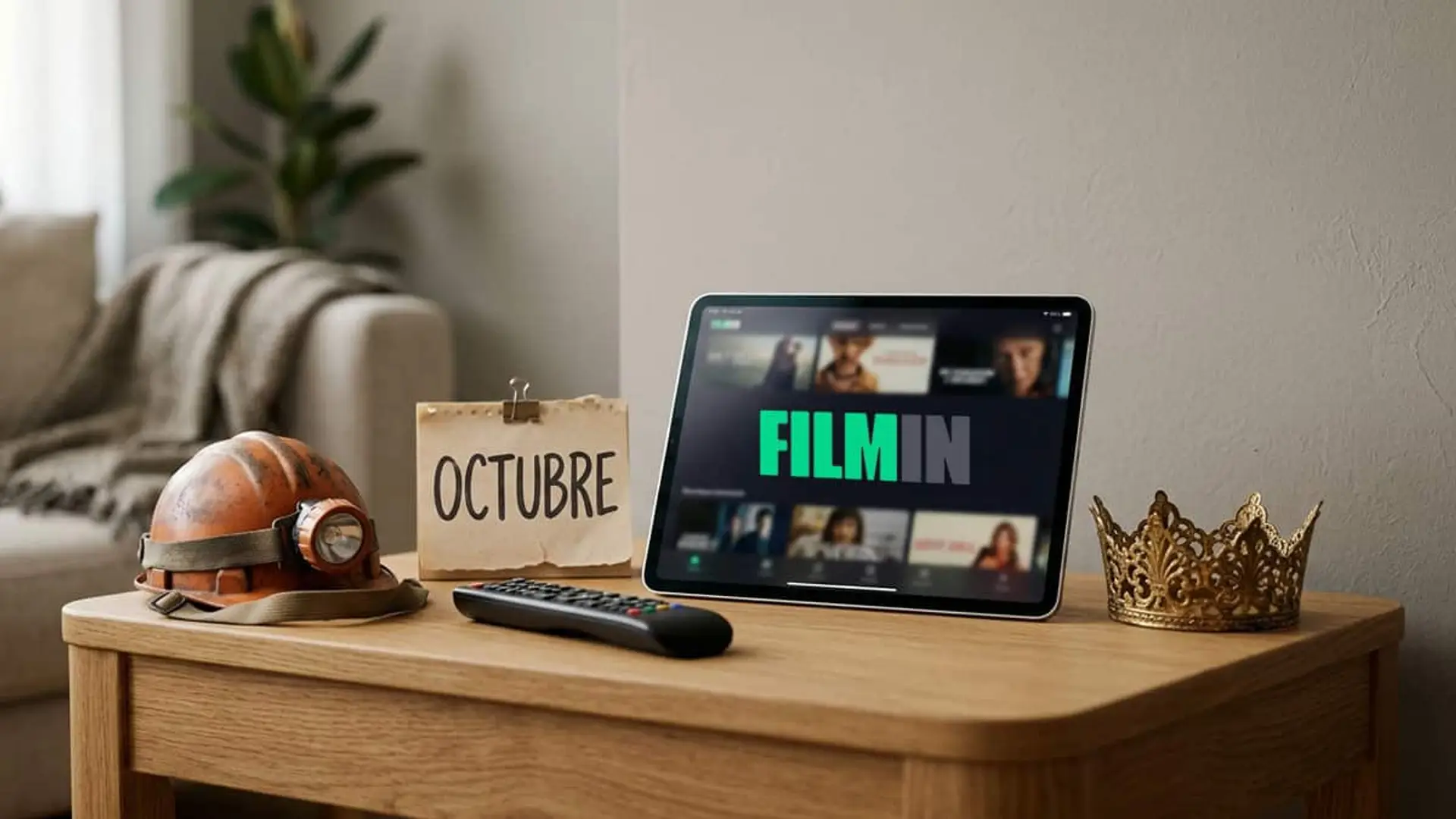 Filmin anuncia sus estrenos de octubre: series, cine y el drama real de una tragedia minera Tablet con Filmin junto a un calendario de octubre, un casco y una corona