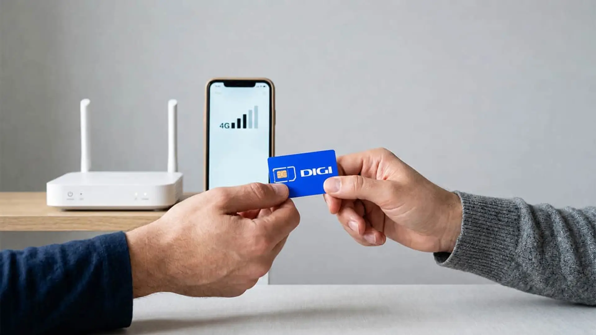 Tarjeta SIM Digi junto a móvil con cobertura 4G y router wifi en un hogar.