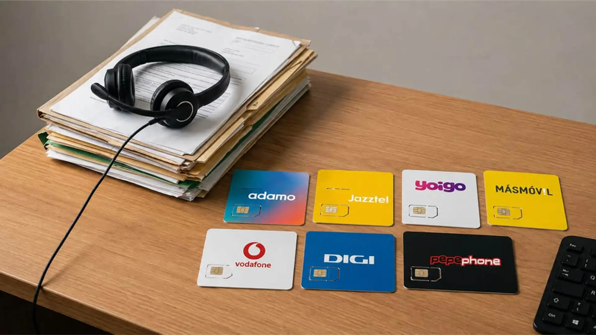 Las quejas a las operadoras suben tras cuatro años a la baja: Digi y Pepephone, las que menos reciben Tarjetas SIM de Adamo, Jazztel, Yoigo, MásMóvil, Vodafone, DIGI y Pepephone sobre una mesa de oficina.