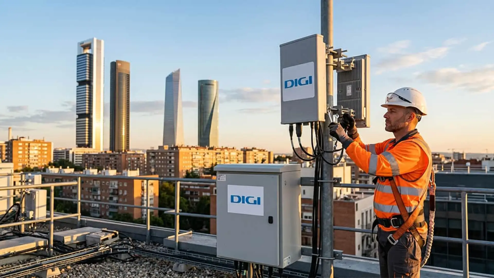 Digi gana control sobre su red móvil frente a Movistar: ha pasado de 900 a 1.473 antenas en tres meses Técnico de DIGI instala una antena de red móvil en una azotea de Madrid.