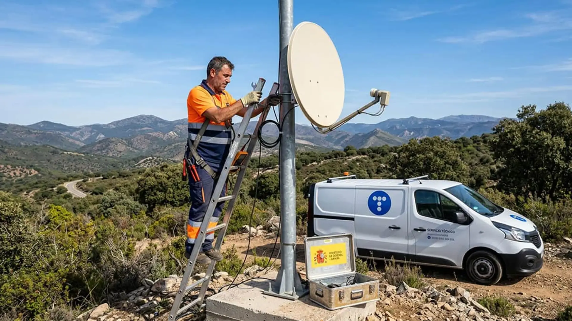 Técnico instala una antena satelital de telecomunicaciones en una zona rural de montaña.