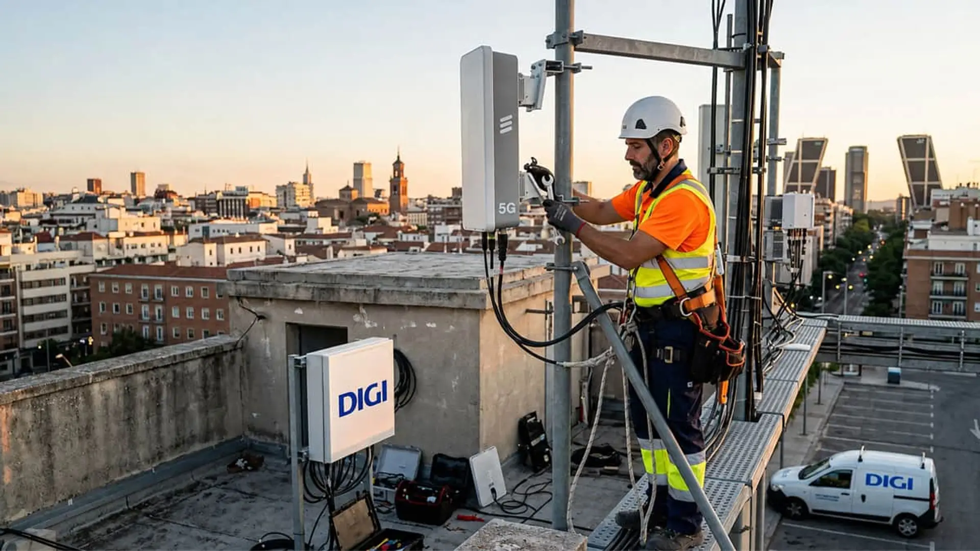 Técnico instala una antena 5G de DIGI en una azotea con Madrid al fondo.