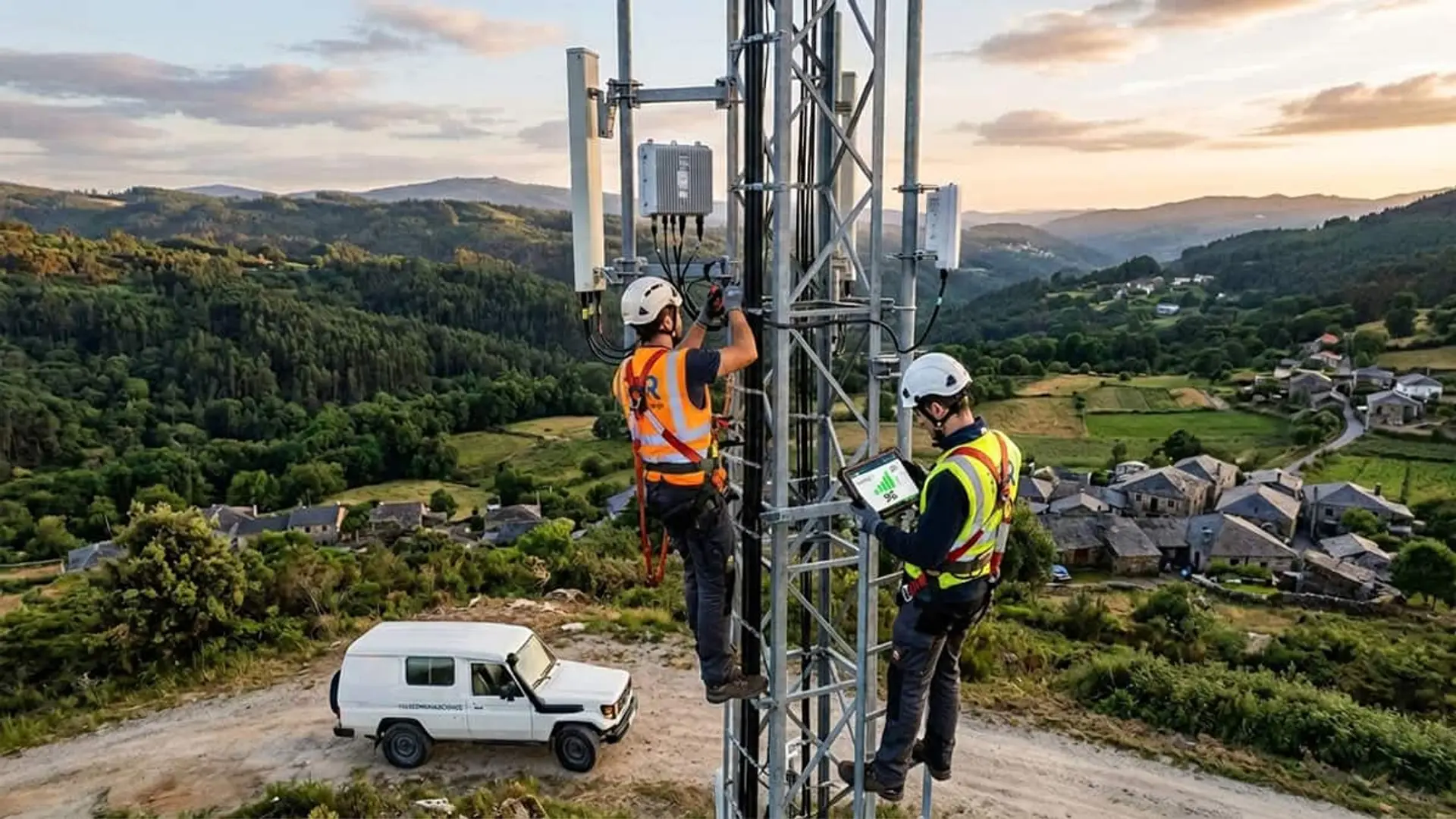 MasOrange y R llevan el 5G a los 245 pueblos rurales de Galicia Dos técnicos trabajando en una antena de telecomunicaciones en una zona rural con montes, casas y una furgoneta al fondo