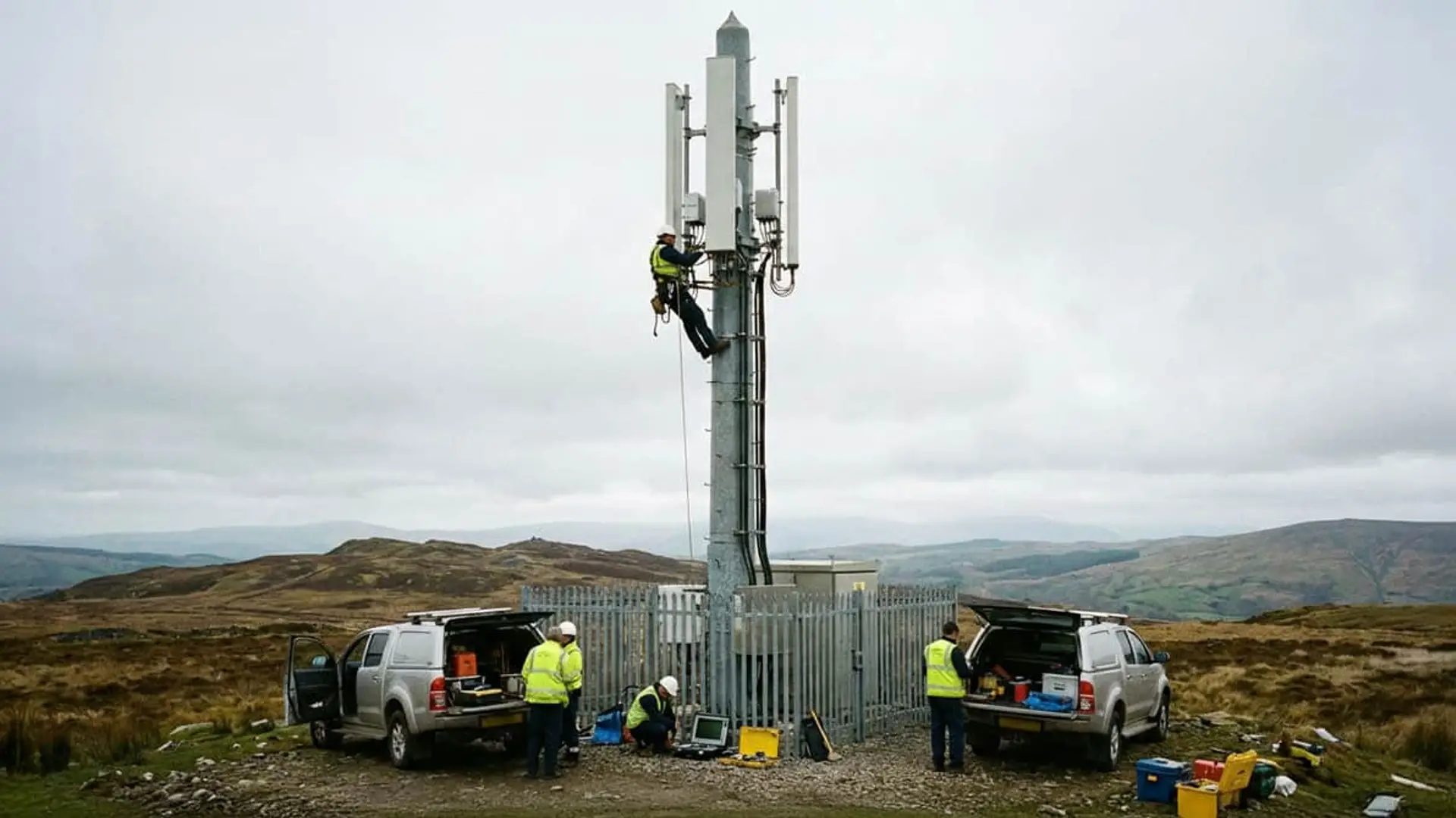 Técnicos instalando antenas en una torre de telecomunicaciones para mejorar la cobertura de red móvil en zonas rurales.