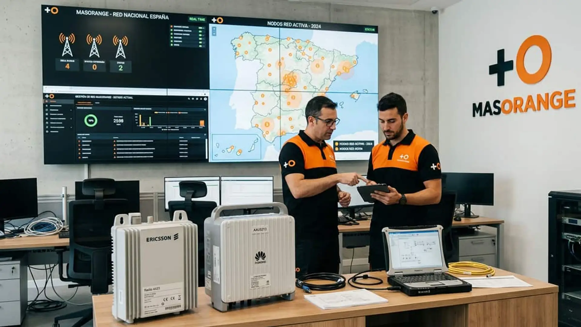MasOrange no promete a Ericsson el 100% de su red: Huawei sigue en la partida con Nokia y Samsung Dos técnicos de MasOrange revisan una tablet junto a equipos de red móvil en un centro de control