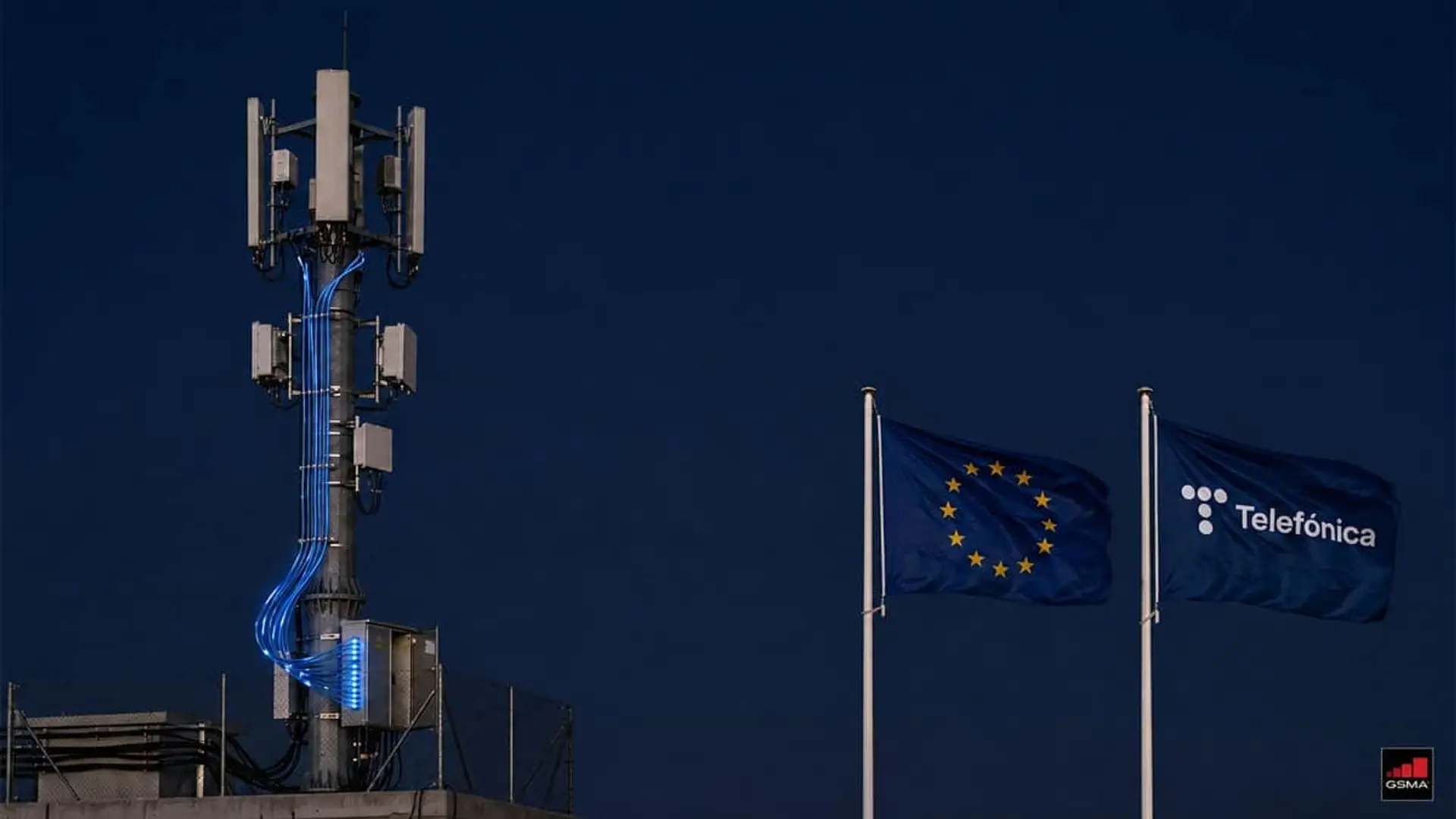 El 5G avanzado llega al 80% en China y al 2% en Europa: la ley que las telecos quieren para cerrar la brecha Antena de telecomunicaciones junto a banderas de la Unión Europea y Telefónica