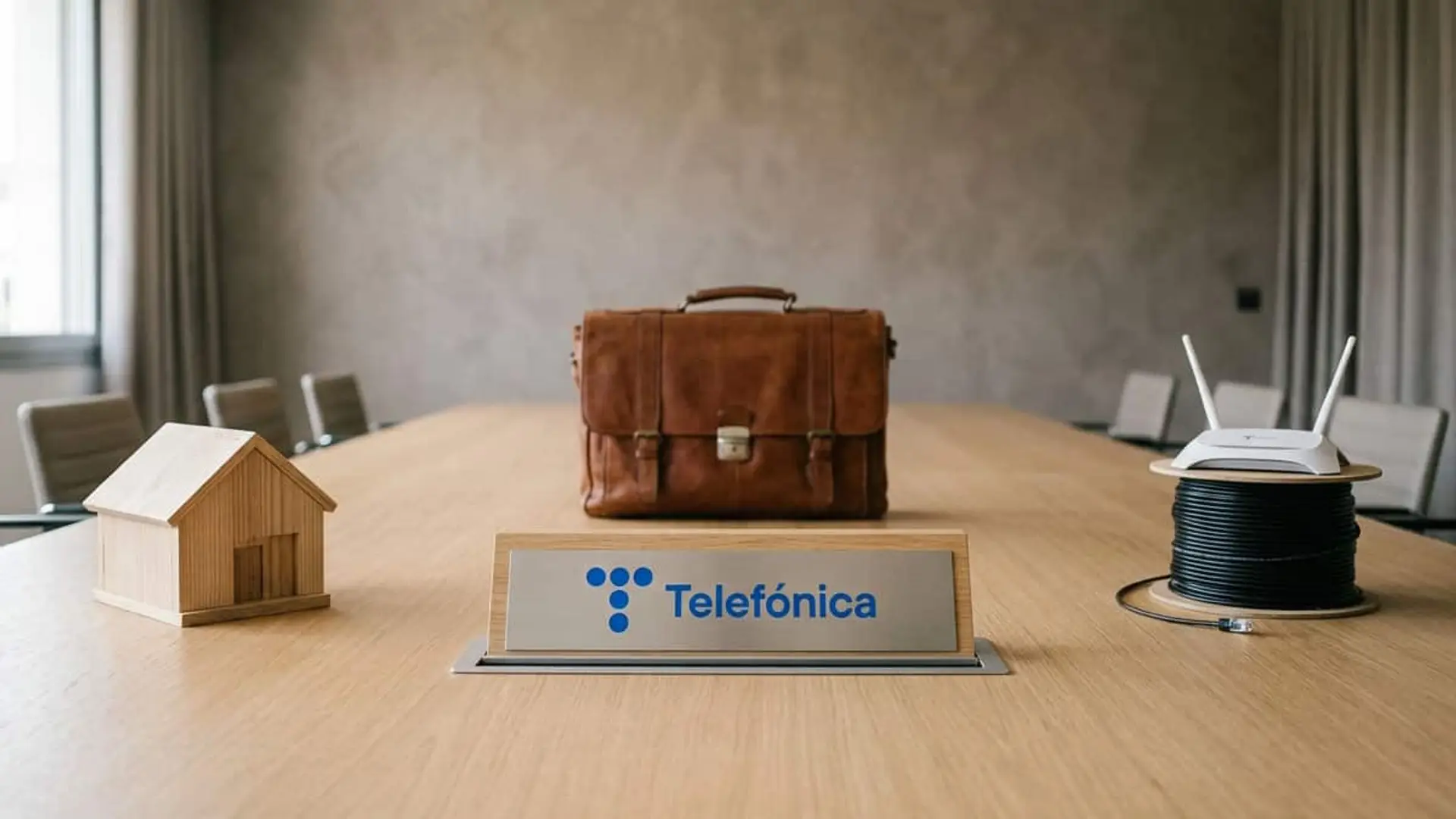 Logotipo de Telefónica sobre una mesa junto a una maqueta de una casa, un maletín, un router y una bobina de cable