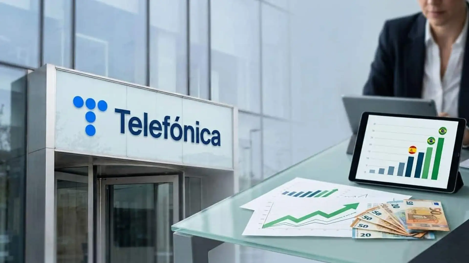 Telefónica pierde 338 millones pese a ingresar 16.392: Chile y Alemania, los lastres Fachada de Telefónica junto a una mesa con gráficos financieros, billetes de euro y una tableta con barras de España y Brasil