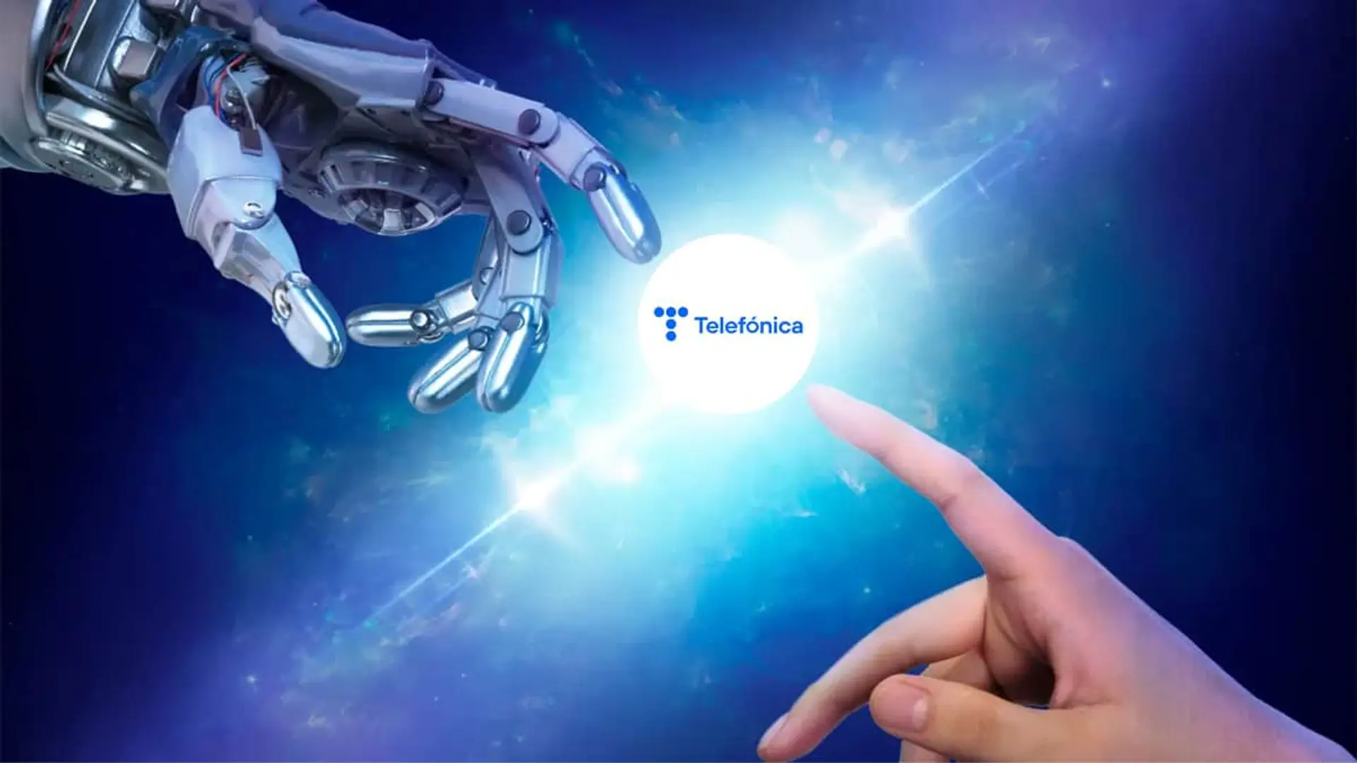 Mano robótica y humana alcanzando el logo de Telefónica para representar la innovación y la inteligencia artificial.