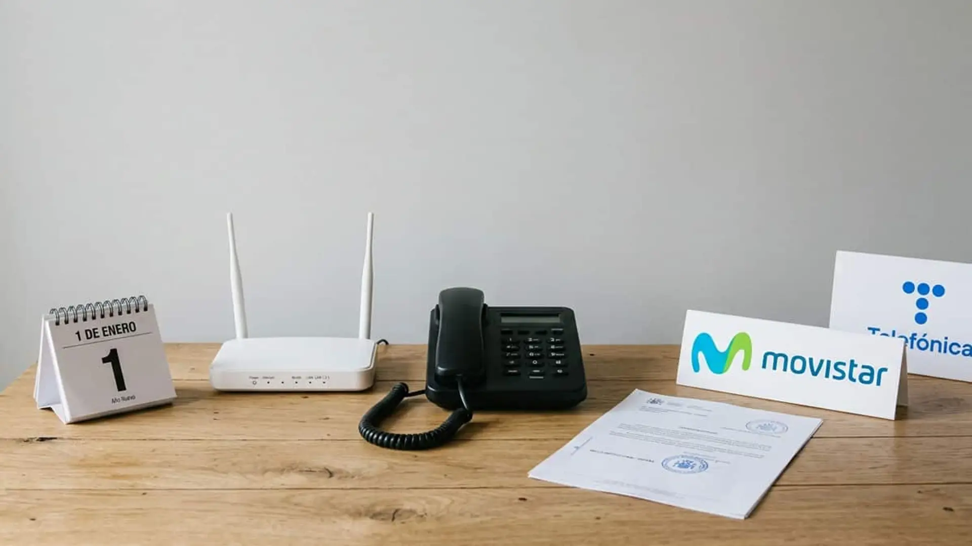Telefónica dejaría de ser el operador del servicio universal de fijo e internet en 2027: lo asumirían todos Teléfono fijo y router blanco sobre una mesa junto a un calendario del 1 de enero, documentos y logotipos de Movistar y Telefónica