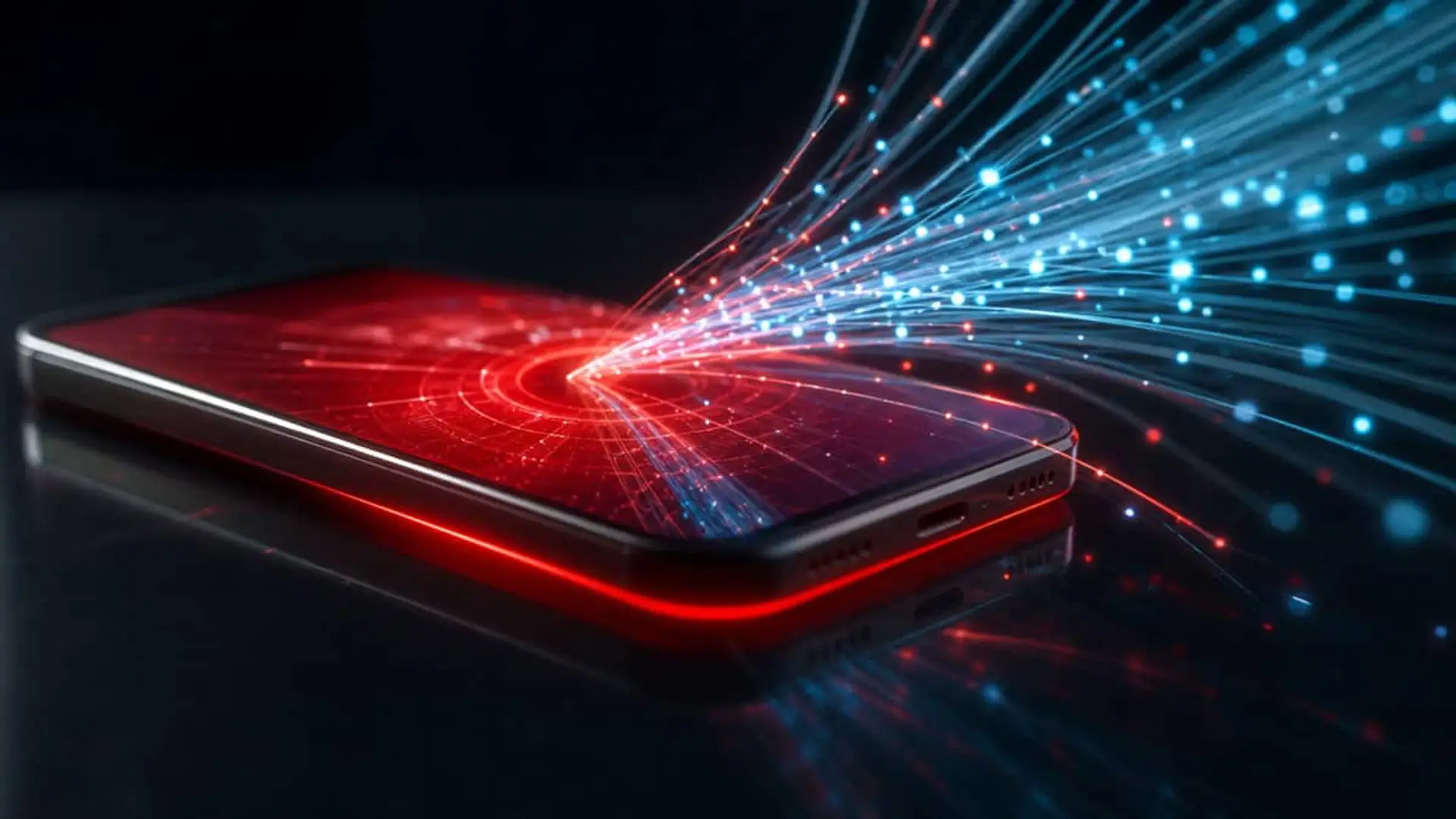 Vodafone contraataca a DIGI con una tarifa de móvil a 5 euros y fibra desde 25 Teléfono móvil sobre una superficie oscura con líneas luminosas rojas y azules que salen de la pantalla