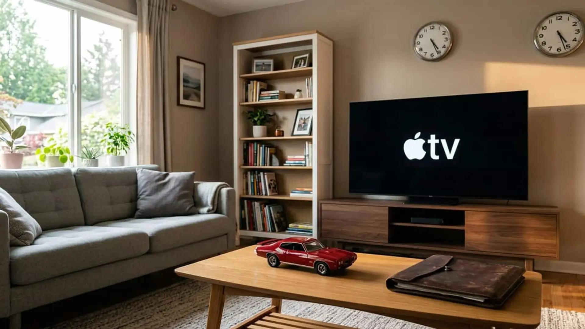 Televisión con Apple TV en un salón junto a un coche en miniatura, un maletín y dos relojes de pared