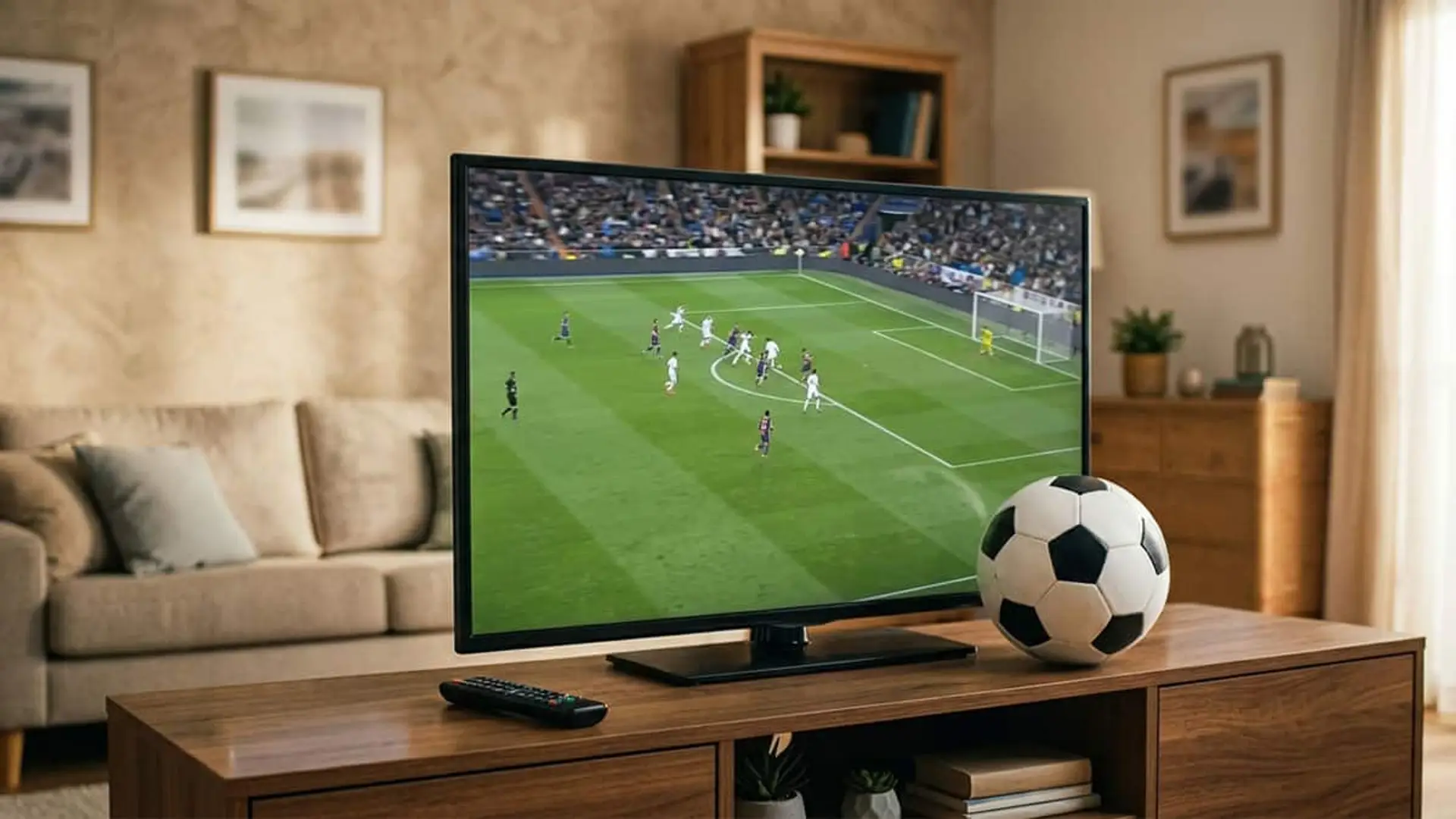 Movistar y Orange bajan el precio del fútbol para ver el resto del Mundial y el arranque de LaLiga Televisión mostrando un partido de fútbol en un salón con un balón sobre el mueble y un mando a distancia