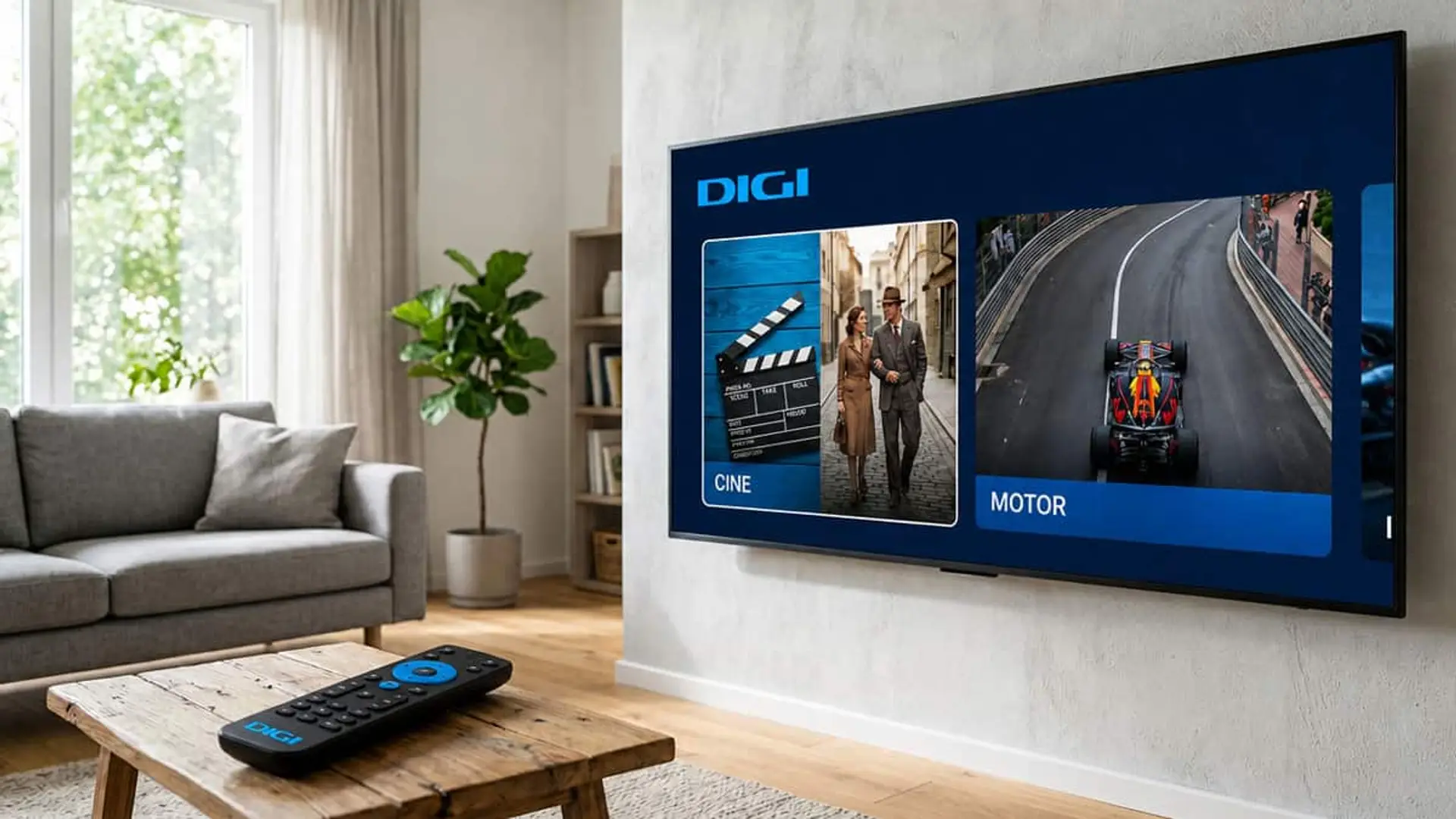 Televisor con la interfaz de DIGI mostrando las categorías de cine y motor junto a un mando a distancia