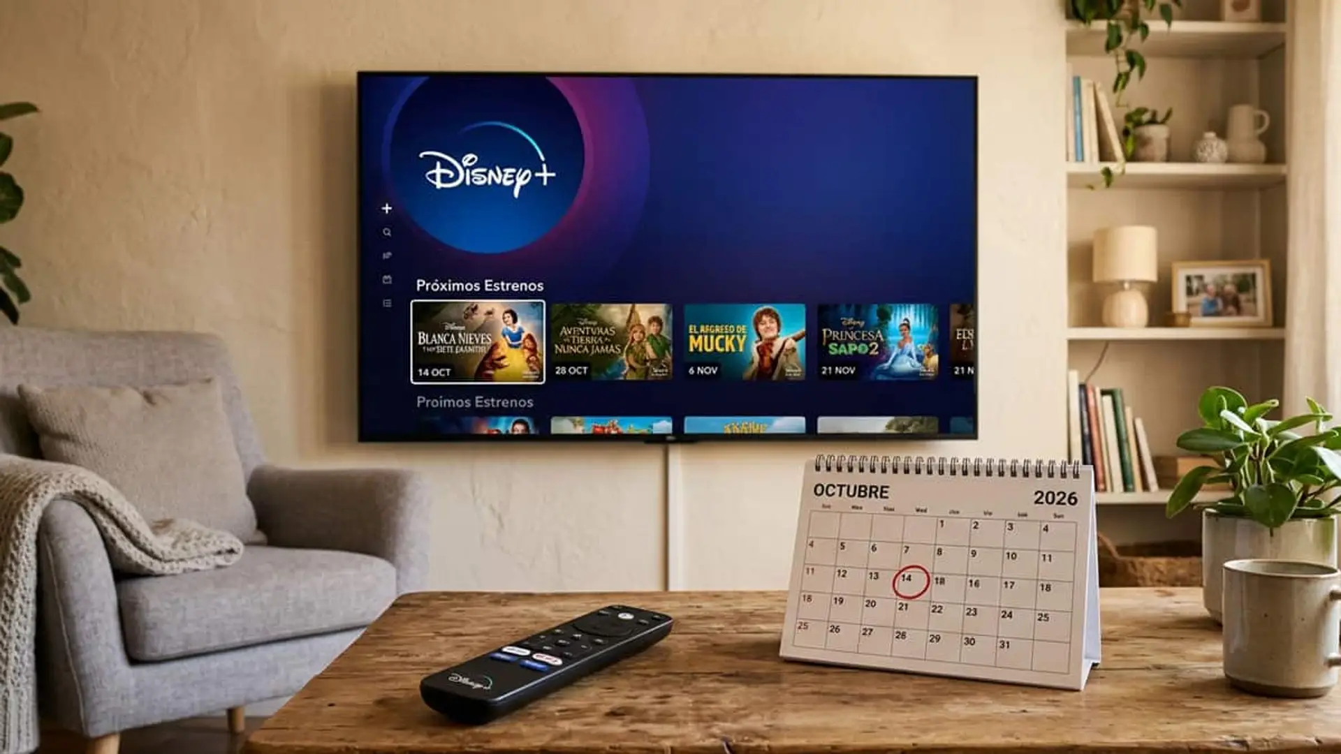Estos son los siete estrenos que Disney+ suma a su catálogo en octubre de 2026 Televisión con Disney+ y calendario de octubre de 2026 sobre una mesa
