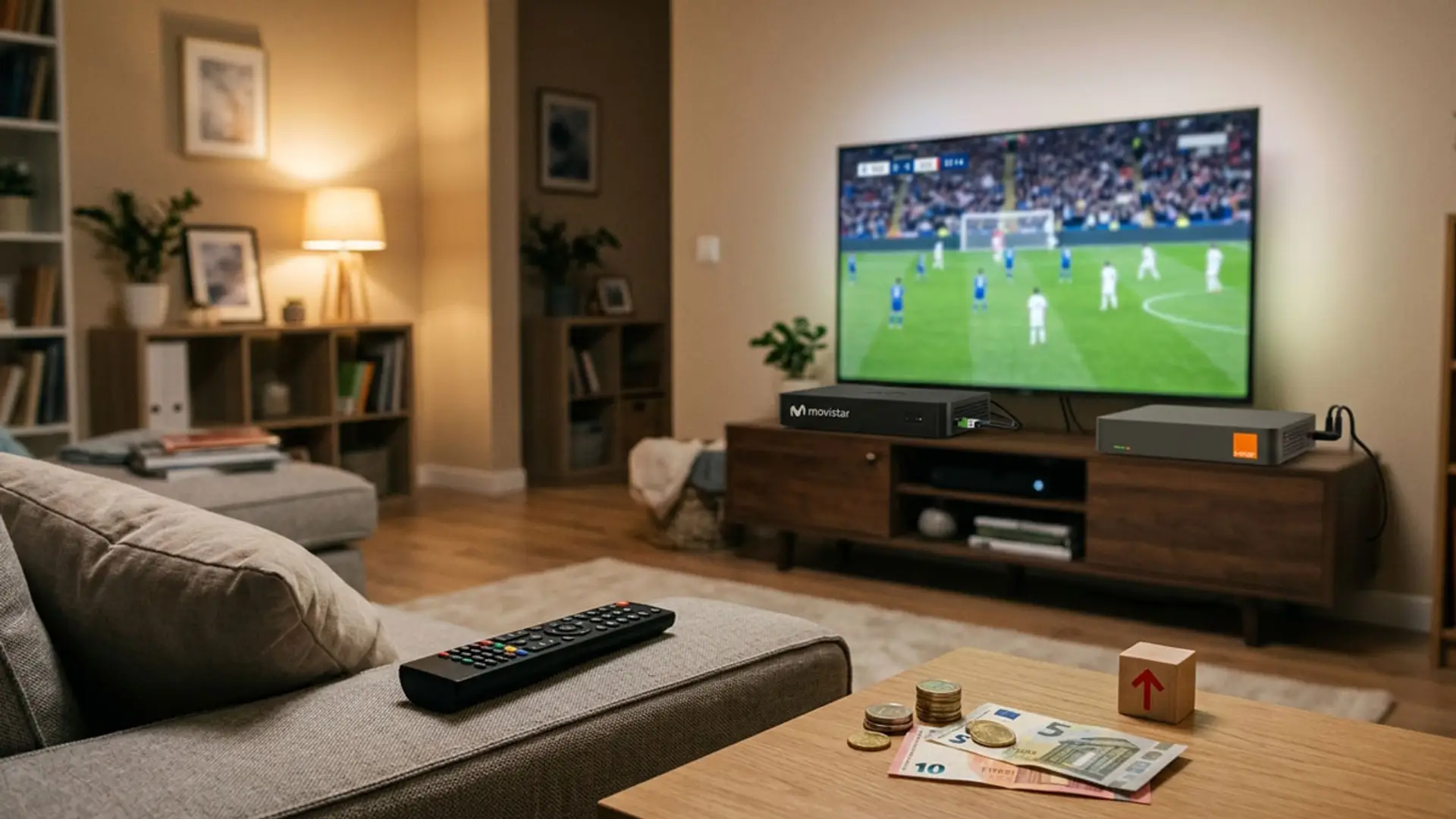 El coste de ver el fútbol esta temporada: Movistar aumenta hasta 207€ al año y Orange reparte subidas y bajadas Televisión mostrando un partido de fútbol junto a decodificadores de Movistar y Orange y billetes sobre una mesa