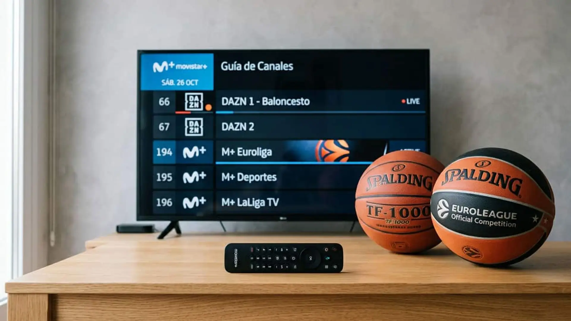 Movistar Plus activa sus dos últimos canales de baloncesto: ya son cinco en total Televisión con la guía de canales de Movistar Plus+, DAZN y Euroliga junto a dos balones de baloncesto y un mando a distancia