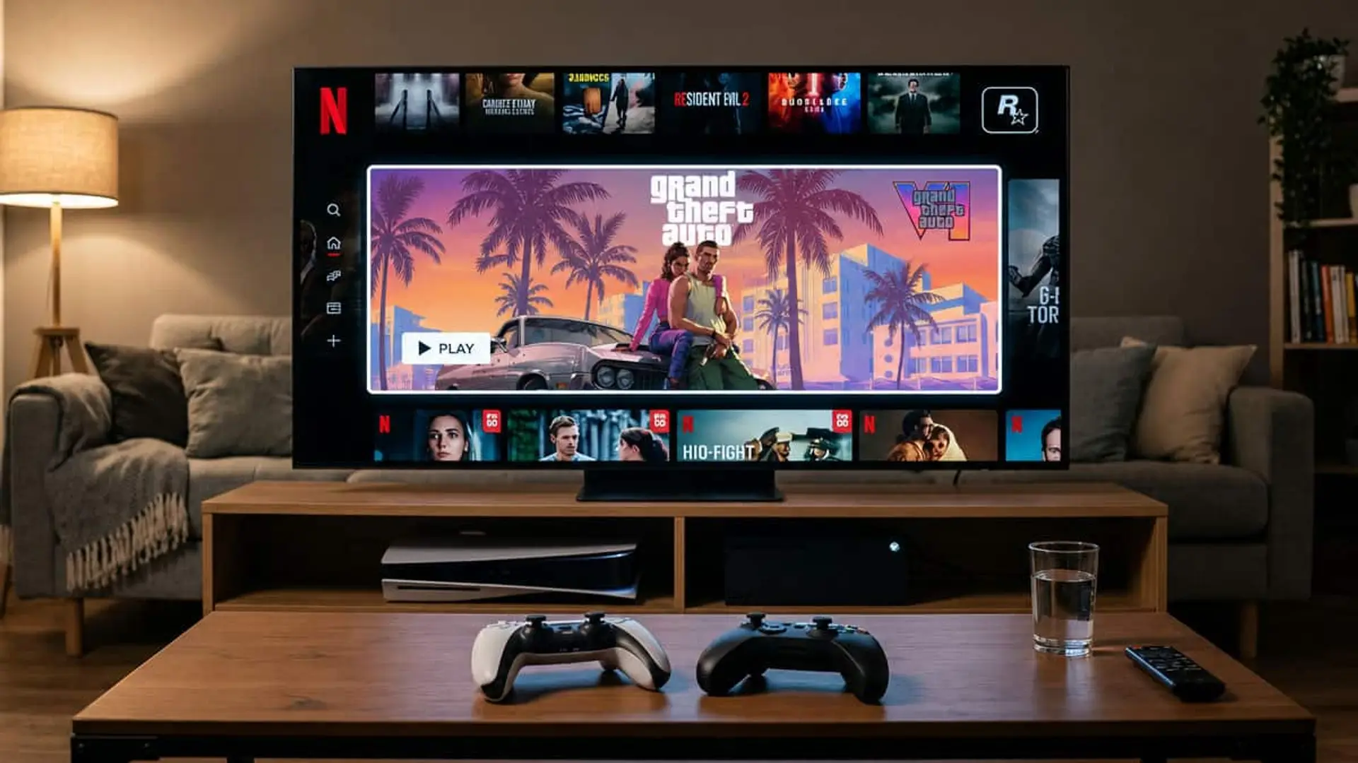 Televisión con Netflix y Grand Theft Auto en pantalla junto a dos mandos de consola en un salón